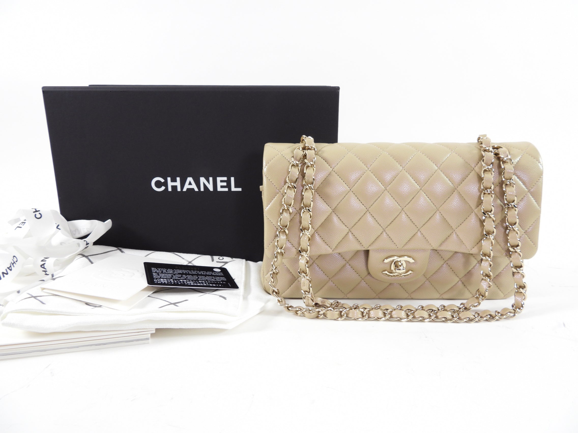 Chanel 21S Beige Iridescent Classic Medium Double Flap Caviar Gold Hardware Bag - Luxury Handbag for Women, Perfect for Parties & Special Occasions