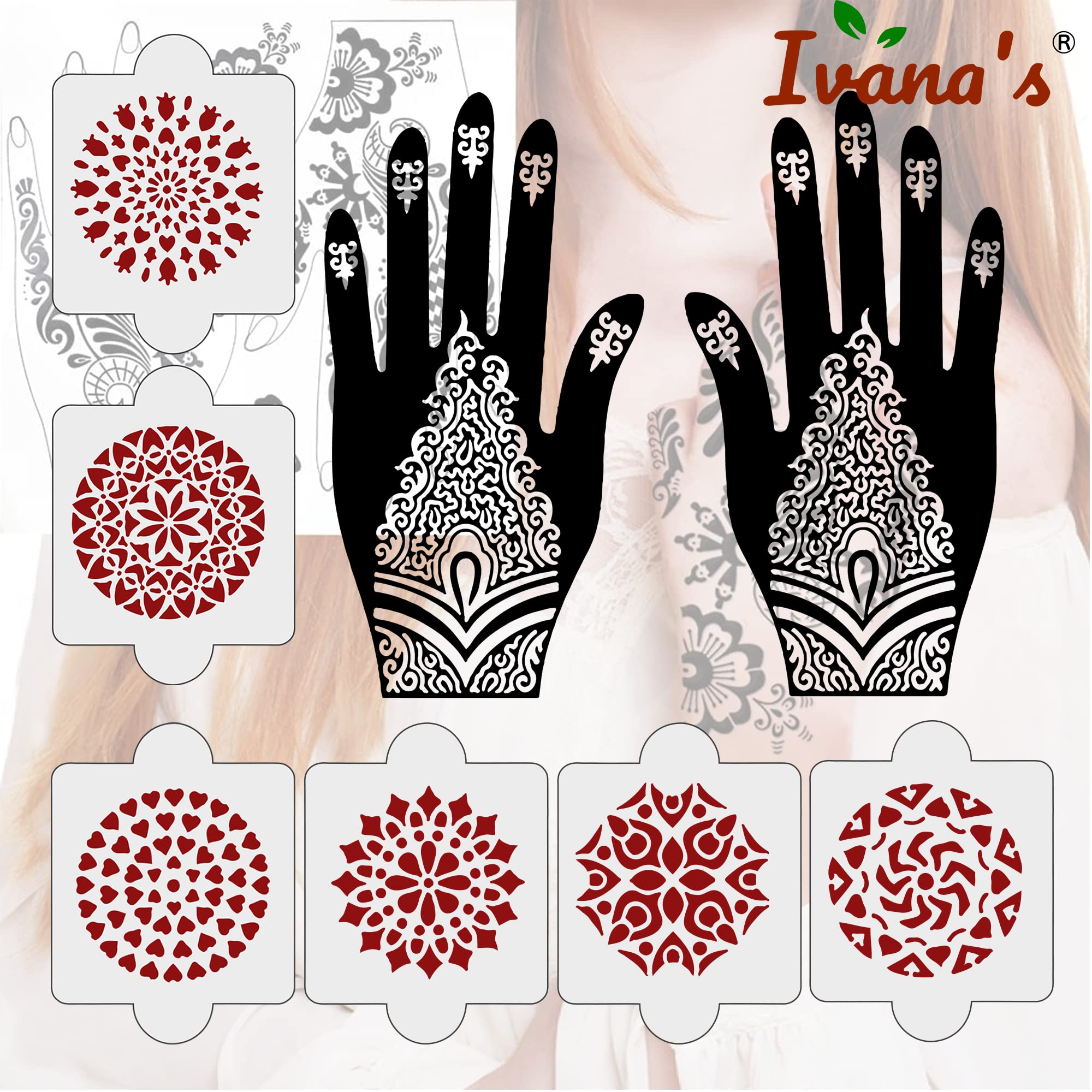8 Pcs Henna Stencil Kit - 2 Henna Tattoo Stencils + 6 Reusable PVC Mehandi Templates for Women, Girls & Kids | Easy Application Henna Stickers for Full Hand Designs | Perfect for Weddings, Festivals & DIY Body Art
