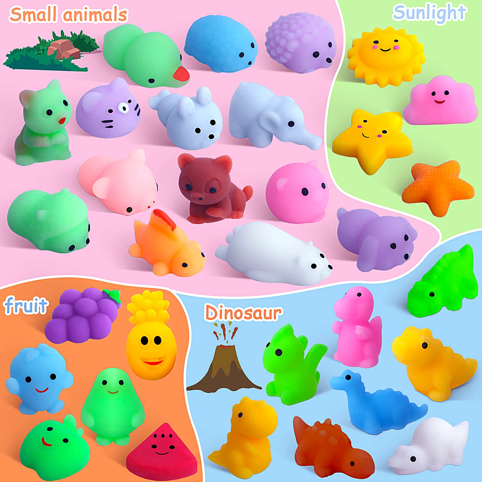 100pcs Mini Squishy Toys - Animals, Fruits & Unicorn for Stress Relief | Party Favors & Easter Fillers for Kids, Adults
