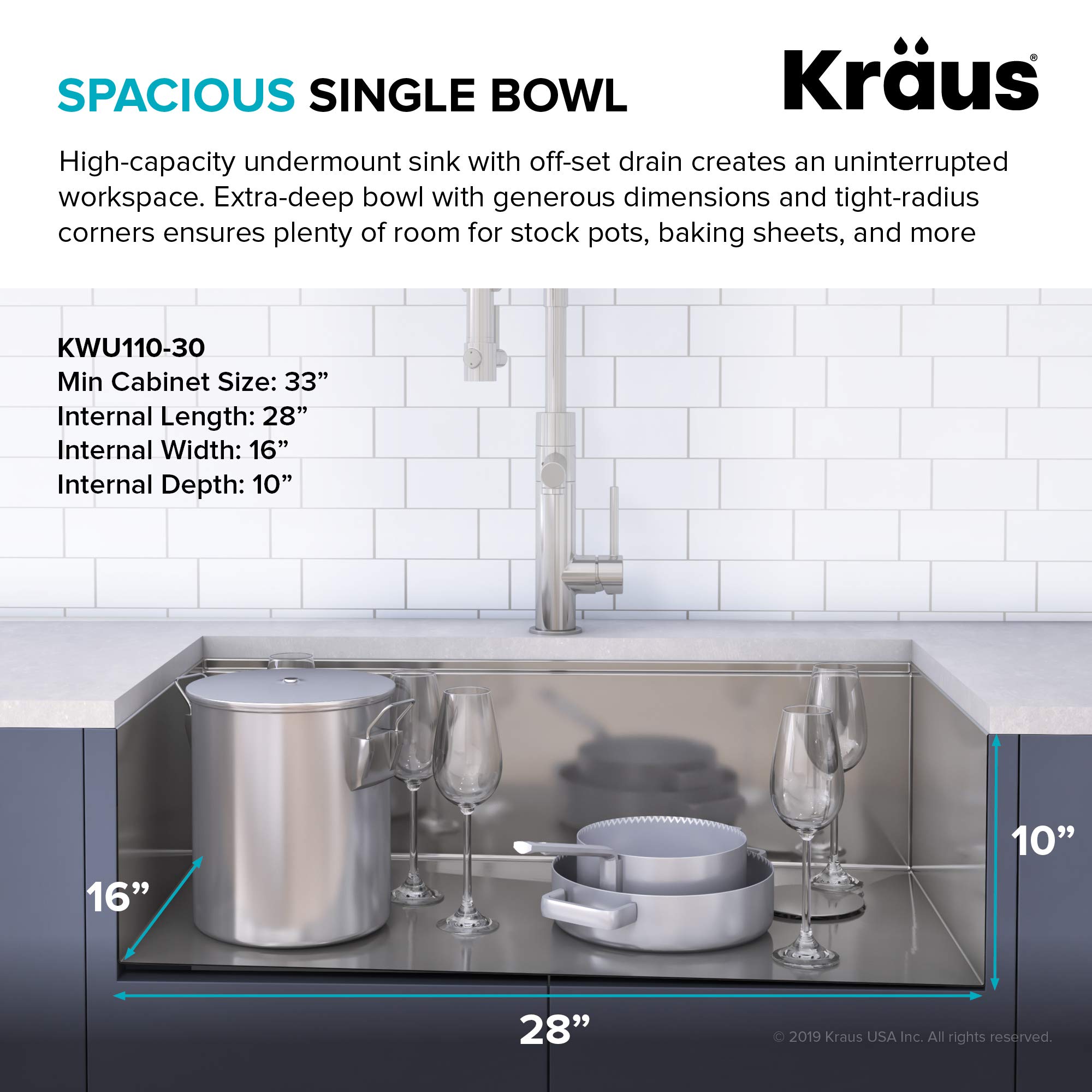 Kraus Kore Workstation 30-inch Undermount Single Bowl Stainless Steel Kitchen Sink with WasteGuard Garbage Disposal - 16 Gauge Commercial-Grade Sink for Busy Home Chefs & Professional Kitchens