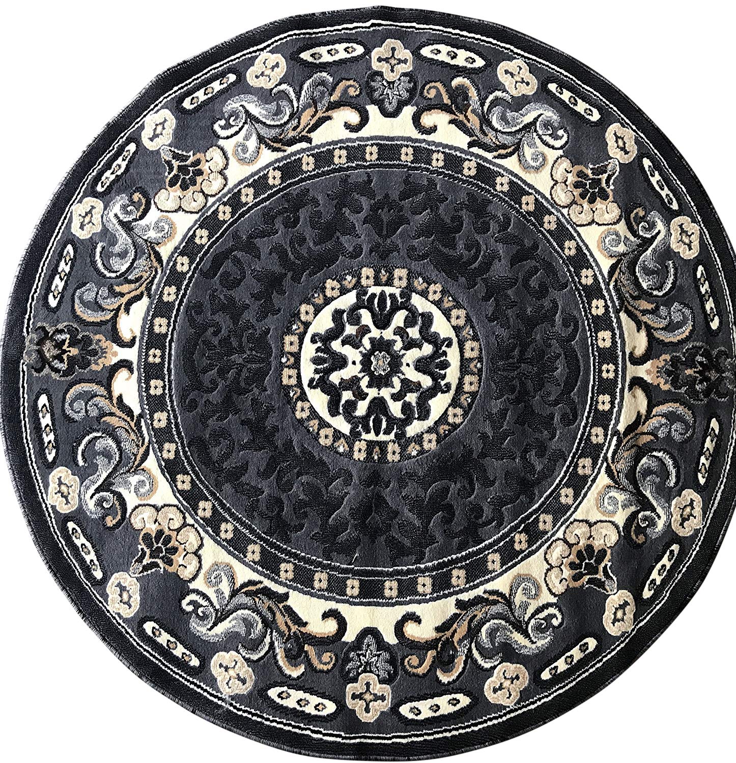 Traditional Round Area Rug - Grey & Black Geometric Design - 6'7