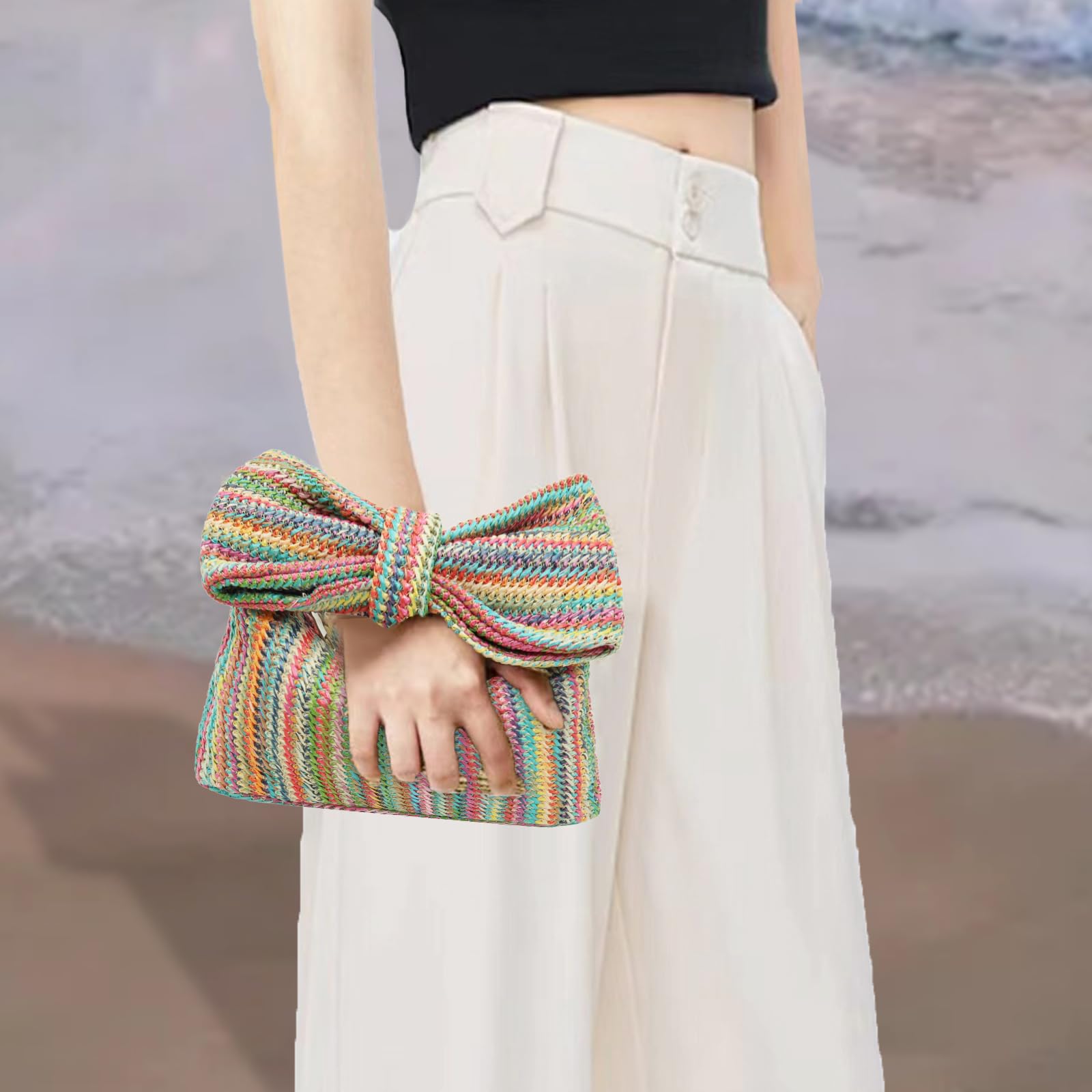 Women's Straw Clutch Purse with Bow - Woven Beach Handbag for Summer, Evening Parties, Weddings & Vacations | Perfect for Beach Outings, Bridal Showers & Tropical Getaways