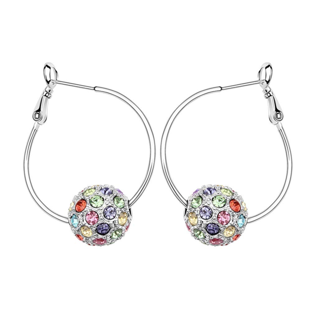 White Gold Plated Beaded Hoop Earrings with Round Ball Swarovski Cubic Zirconia Crystal - Elegant Fashion Jewelry Gift for Women - Perfect for Parties, Weddings & Evening Events