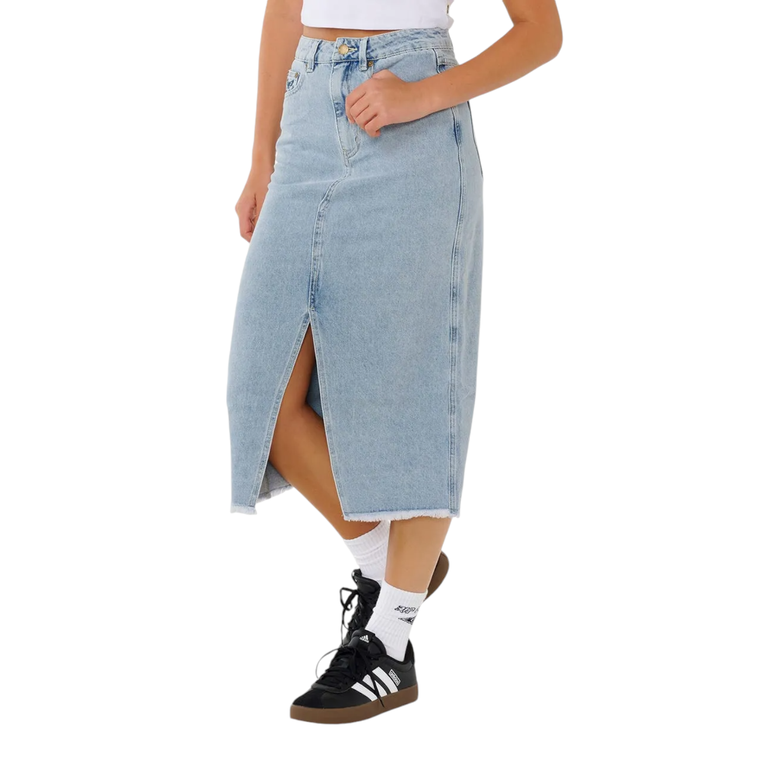 Rip Curl The Search Denim Midi Skirt - Women's Vintage Washed Denim Skirt with Side Slits | Perfect for Casual Wear, Beach Outfits & Summer Fashion