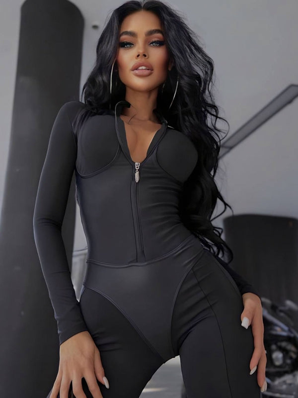 ZASUWA Women's Faux Leather Jumpsuit with Zipper & Stand Collar - Stylish One-Piece Outfit for Work, Party & Casual Wear