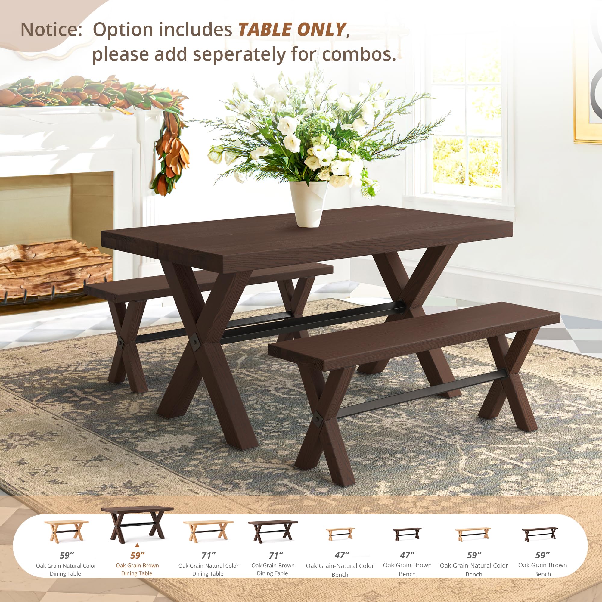 LUE BONA 59 Inch Solid Wood Farmhouse Dining Table for 6-8 People, Heavy Duty Rectangular Kitchen Table with Natural Oak Grain - Perfect for Family Gatherings, Dinner Parties & Cozy Home Dining Rooms (Brown)