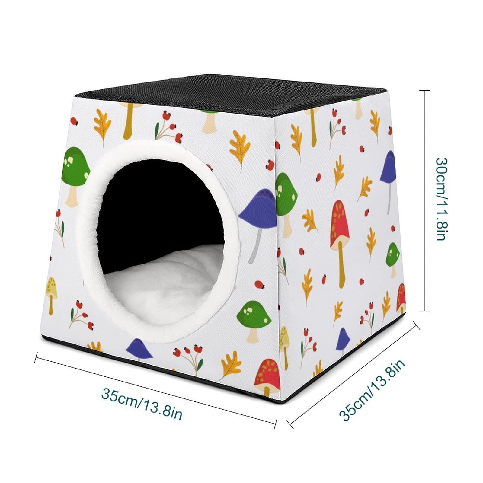 Cozy Printed Cat Cube Bed - Indoor Cat House with Soft Pillow for Kittens & Small Dogs - Mushroom Design Pet Sofa for Living Room & Bedroom