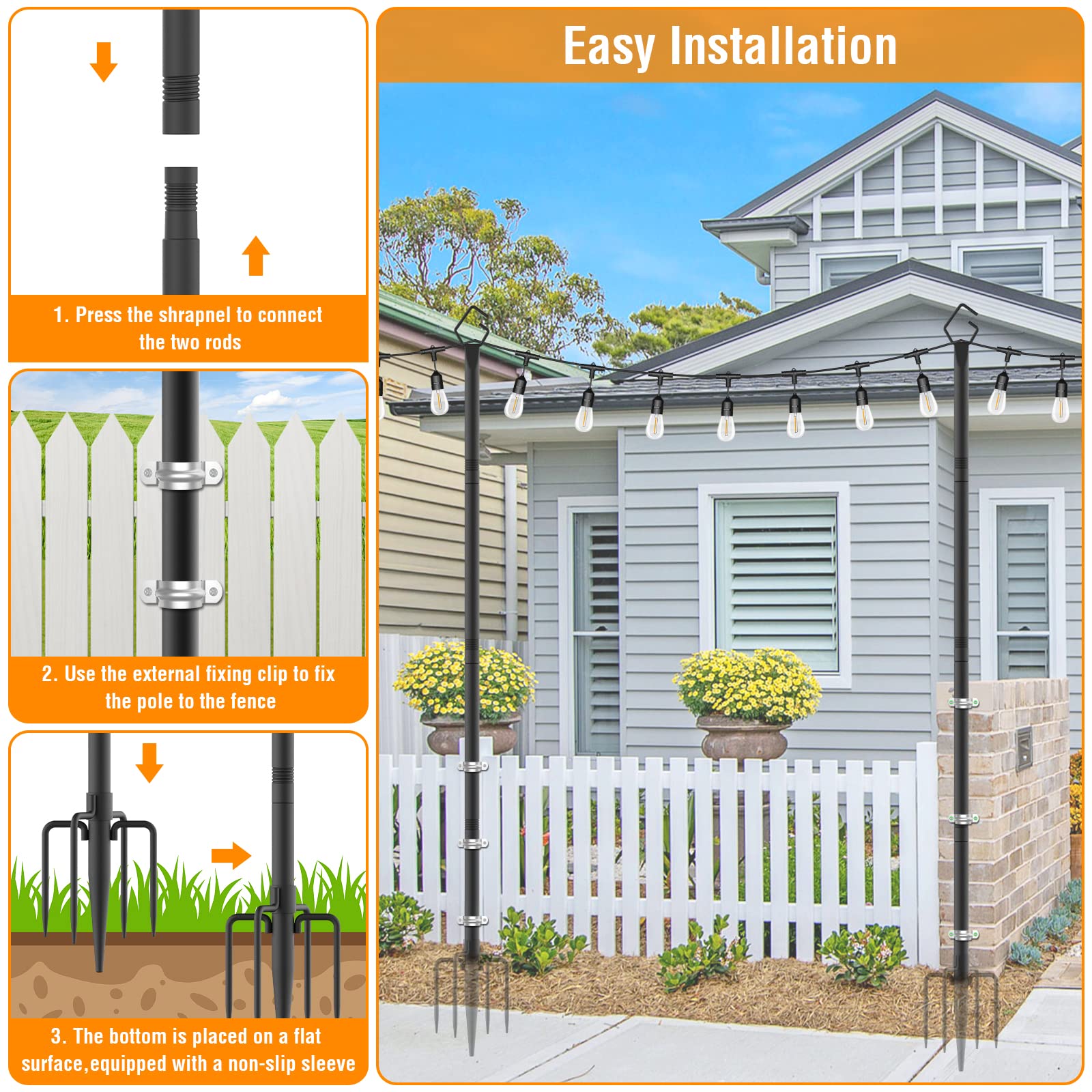 AILBTON 2 Pack 10Ft Outdoor String Light Poles with Fence Brackets - Heavy Duty Metal Stand for Hanging Patio Lights, Deck & Backyard Decor - Perfect for Garden Parties, Wedding Decorations & Outdoor Lighting