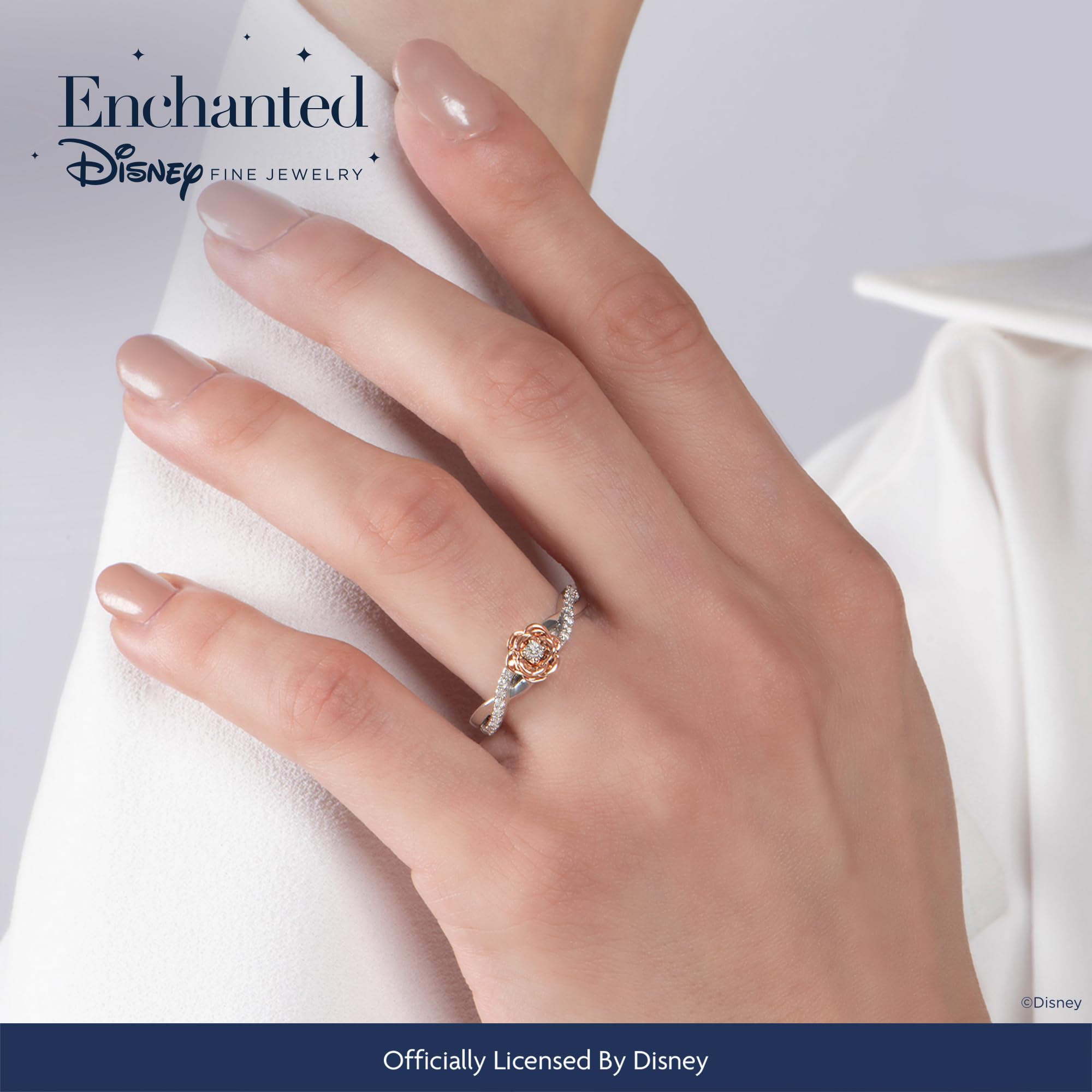 Enchanted Disney Belle Rose Ring - Sterling Silver & 10K Rose Gold with 1/5 Cttw Diamonds | Fine Jewelry for Women | Perfect Gift for Disney Fans, Brides & Princess Lovers
