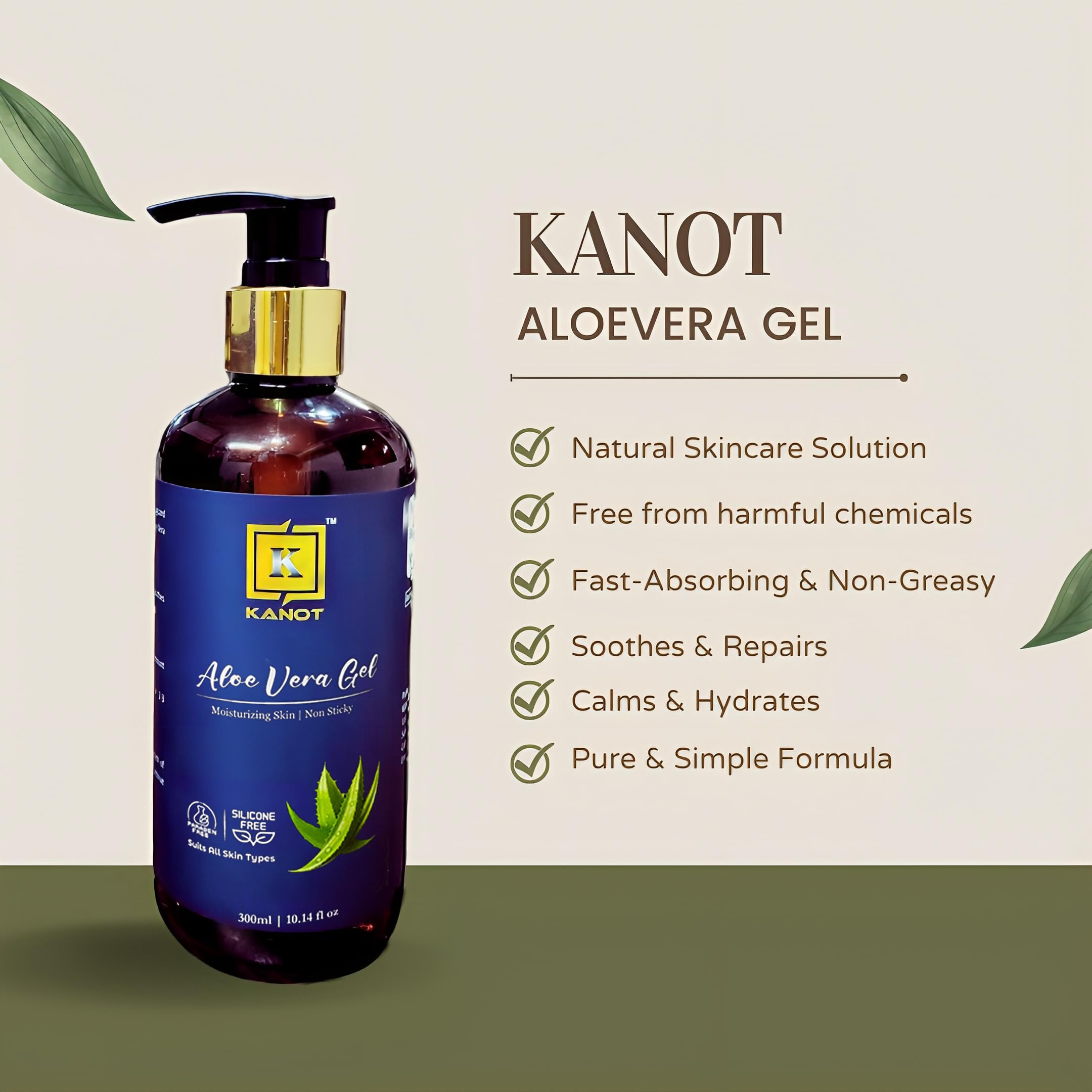 **Kanot 100% Pure Aloe Vera Gel – Unscented, 10.14 fl oz – Hydrating & Soothing for Skin, Hair & Body – Lightweight, Fast-Absorbing Formula – No Harmful Chemicals – Perfect for Sunburn Relief, Moisturizing & Hair Care**