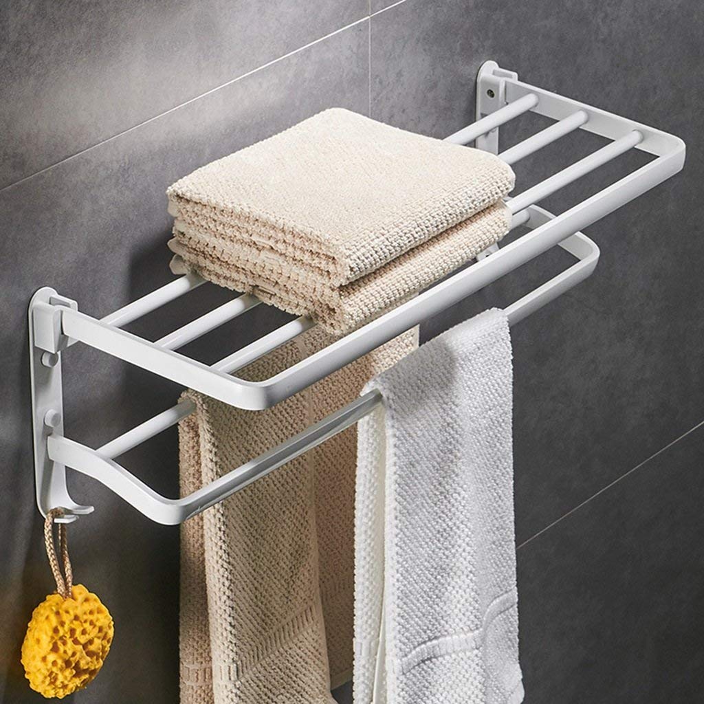 Heavy-Duty Aluminum Folding Shower Shelf - Modern Rectangular Bathroom Towel Rack with Hooks (23.6