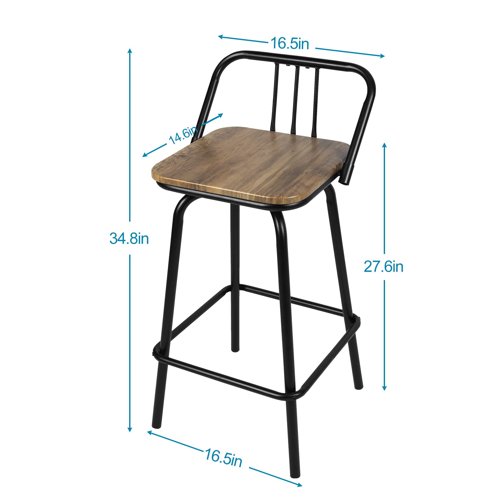 2 Pack Industrial Swivel Counter Stools with Wood Seat & Backrest - Rustic Brown Farmhouse Bar Stools for Kitchen, Dining Room & Counter Bar - Perfect for Breakfast Nooks, Kitchen Islands & Home Bars