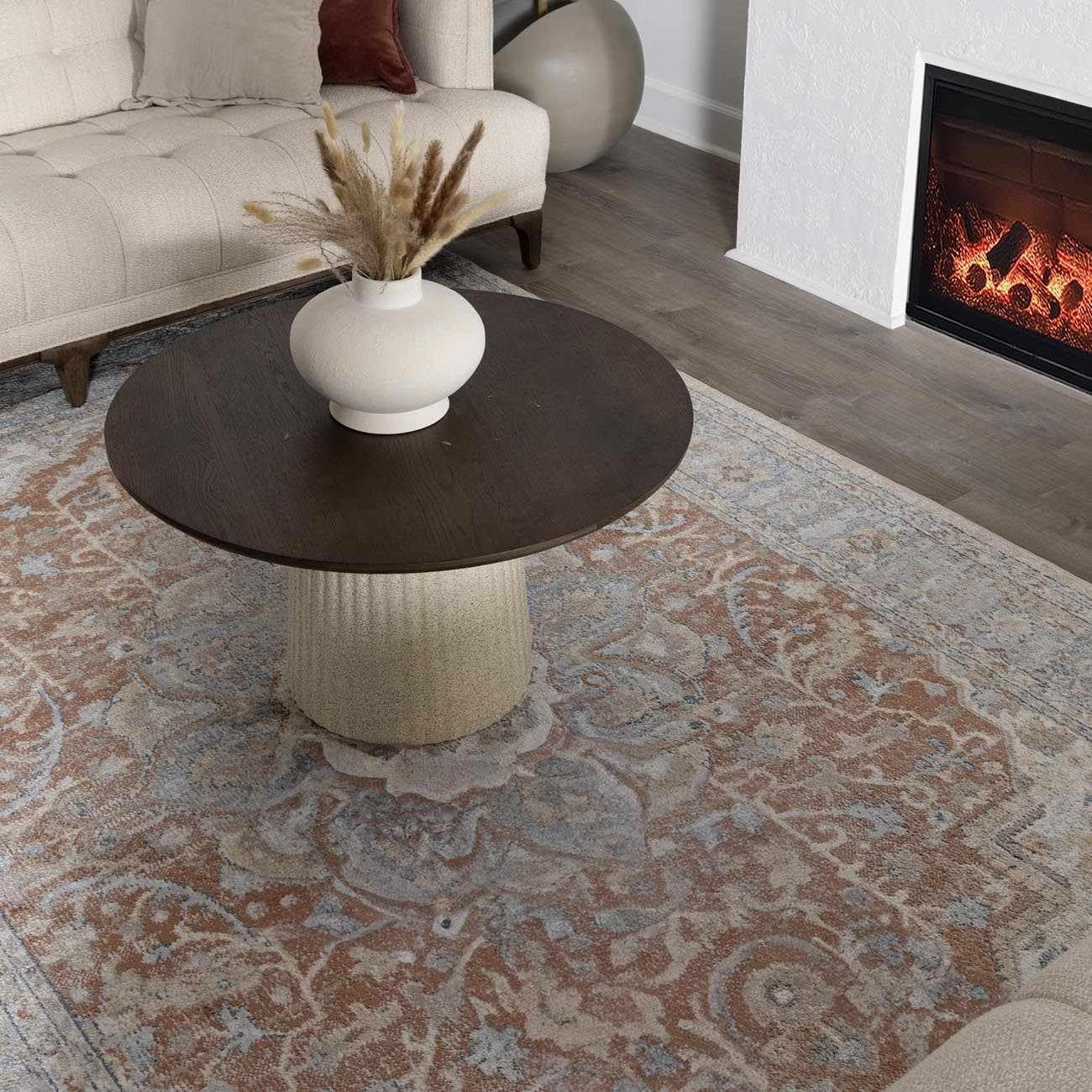 Hauteloom Emke Boho Oriental Medallion Area Rug - Traditional Floral Machine Washable Carpet for Living Room, Bedroom, Dining Room - Beige & Gray Round Rug 6'7