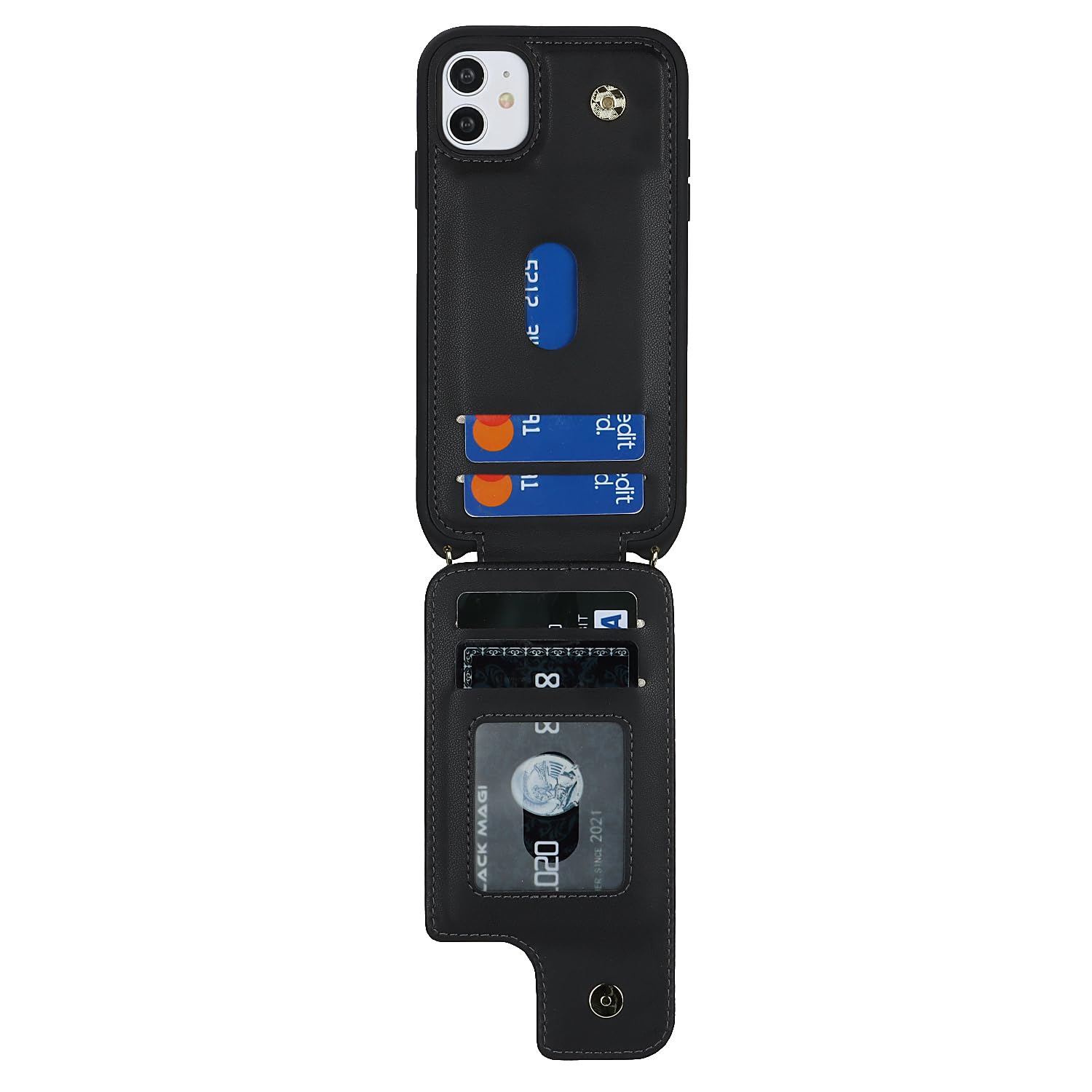 Premium iPhone 11 Wallet Case with Card Holder & Wrist Strap - 6.1 Inch Protective Phone Cover with Kickstand, Crossbody Lanyard & Snap Closure (Black) - Perfect for Women's Everyday Use, Travel & Hands-Free Convenience