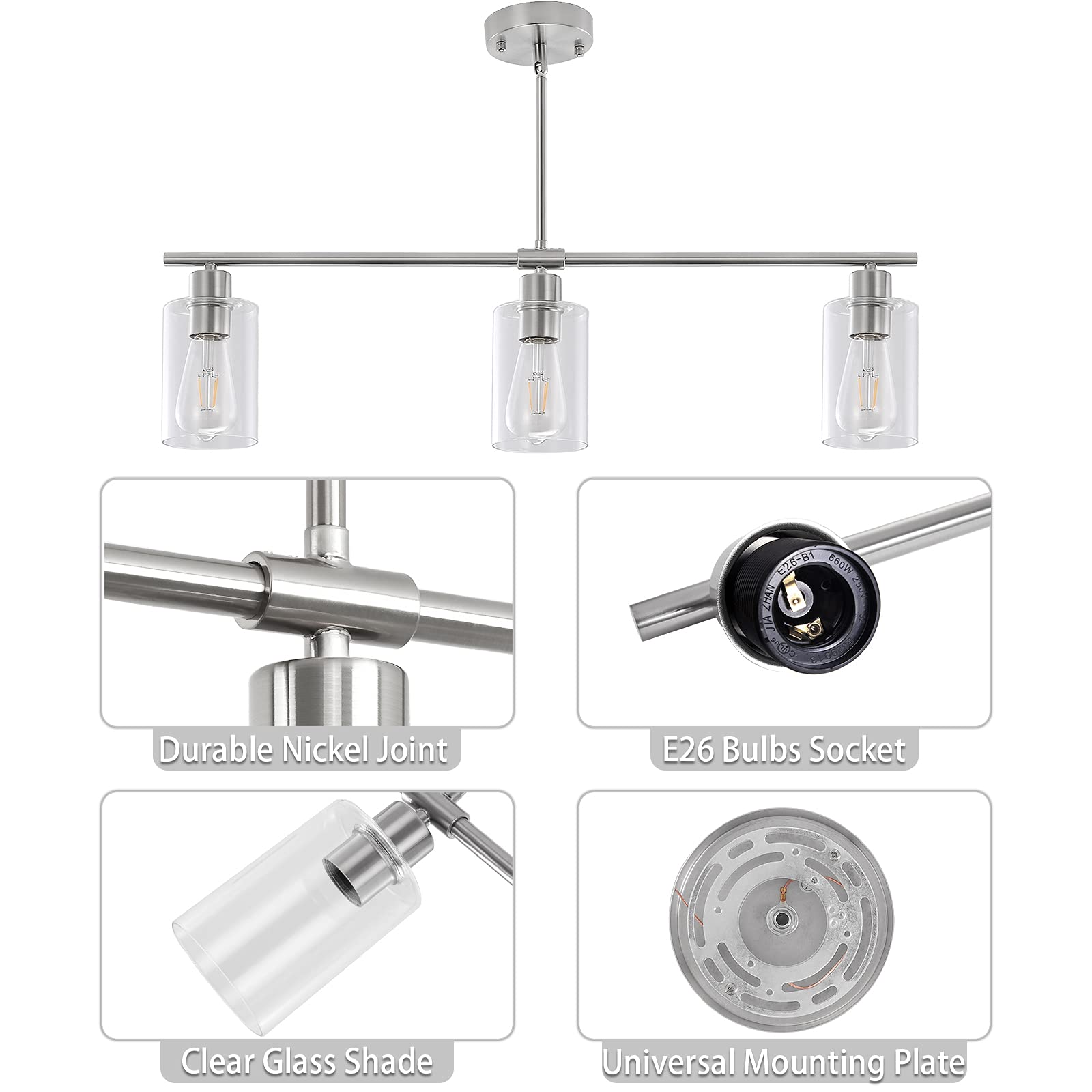 Modern 3-Light Brushed Nickel Pendant Lighting Fixture with Glass Shade - 31