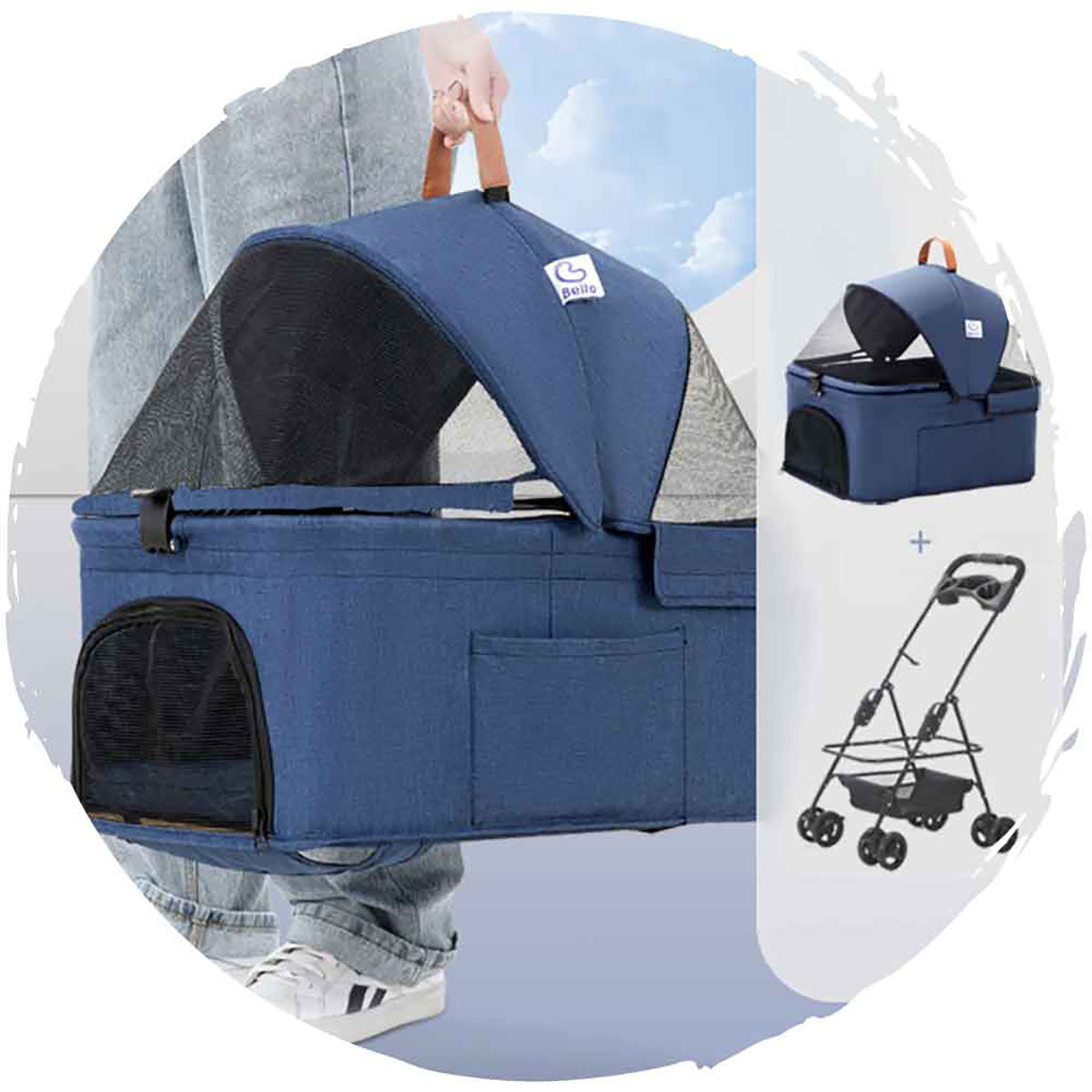 BELLO 4-Wheel Stroller for Dogs - Detachable Basket, 360° Swivel Wheels, Foldable Pet Carrier for Small to Medium Dogs - Perfect for Outdoor Walks, Shopping & Travel