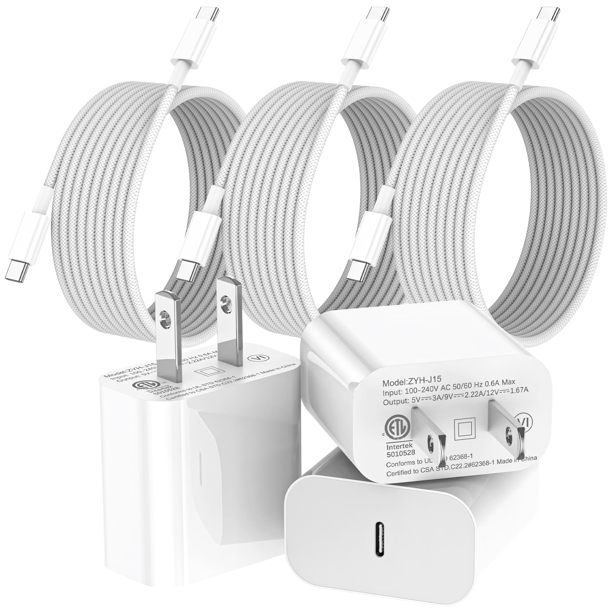 Fast Charging 20W USB C Charger 3 Pack with 10ft Braided Type C Cable - Compatible with iPhone 16/16 Pro/16 Pro Max/15, iPad Pro, MacBook Air - Perfect for Home, Office & Travel Charging