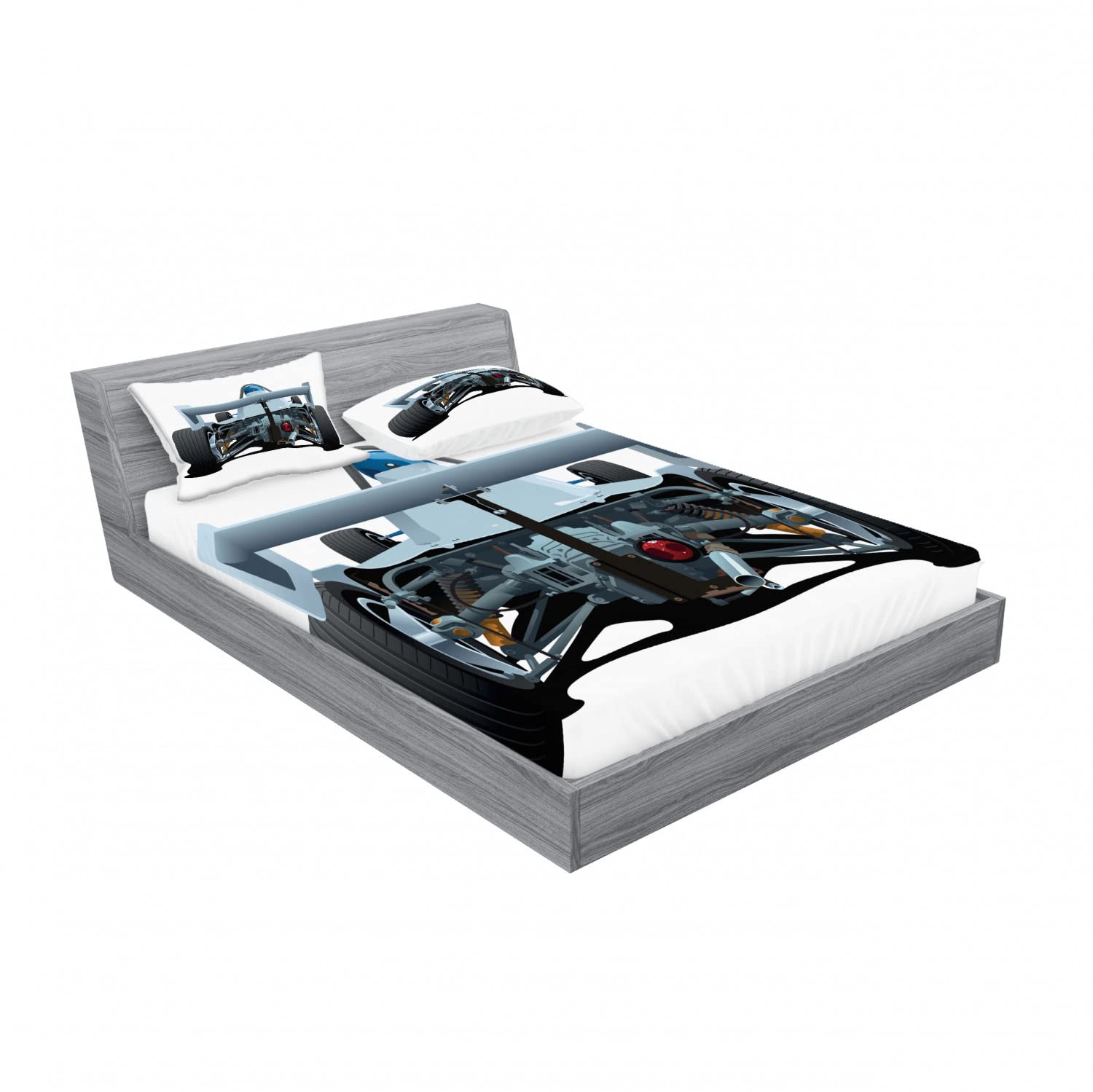 Ambesonne 2-Pack Queen Size Fitted Sheet & Pillow Sham Set - Super Fast Vehicle Print Bedding Collection (4-Piece: 2 Fitted Sheets + 4 Pillow Covers) in Blue-Grey, White & Black | Perfect for Race Car Themed Bedrooms, Kids' Rooms & Automotive Enthusiasts