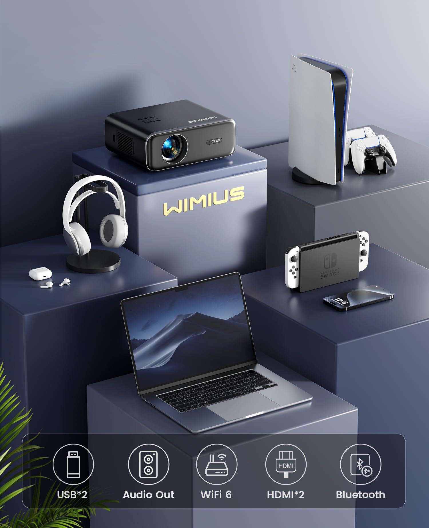 Auto Focus & Keystone Projector - 30000 Lumen WiFi 6 Bluetooth Full HD 1080P Portable Projector with 4K Support, 4D/4P Keystone Correction, 50% Zoom, 300