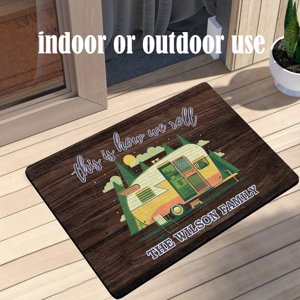 Custom Family Name Happy Camper Doormat - Personalized 'This is How We Roll' Welcome Mat, Non-Slip Indoor/Outdoor Rug (24x16 Inches) for Home Entryway, RV, Camper & Travel Use
