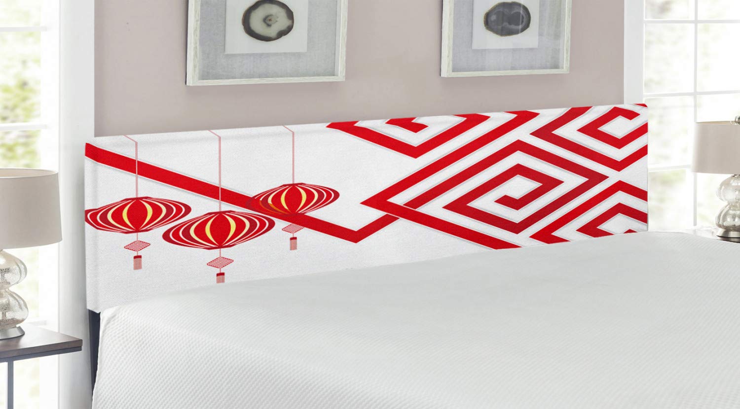 Ambesonne Oriental Headboard - Modern Upholstered King Size Bed Headboard with Chinese Cultural Elements, Abstract Vortex Design & Memory Foam | White & Red Classical Print | Perfect for Asian-Themed Bedrooms, Guest Rooms & Luxury Hotel Decor