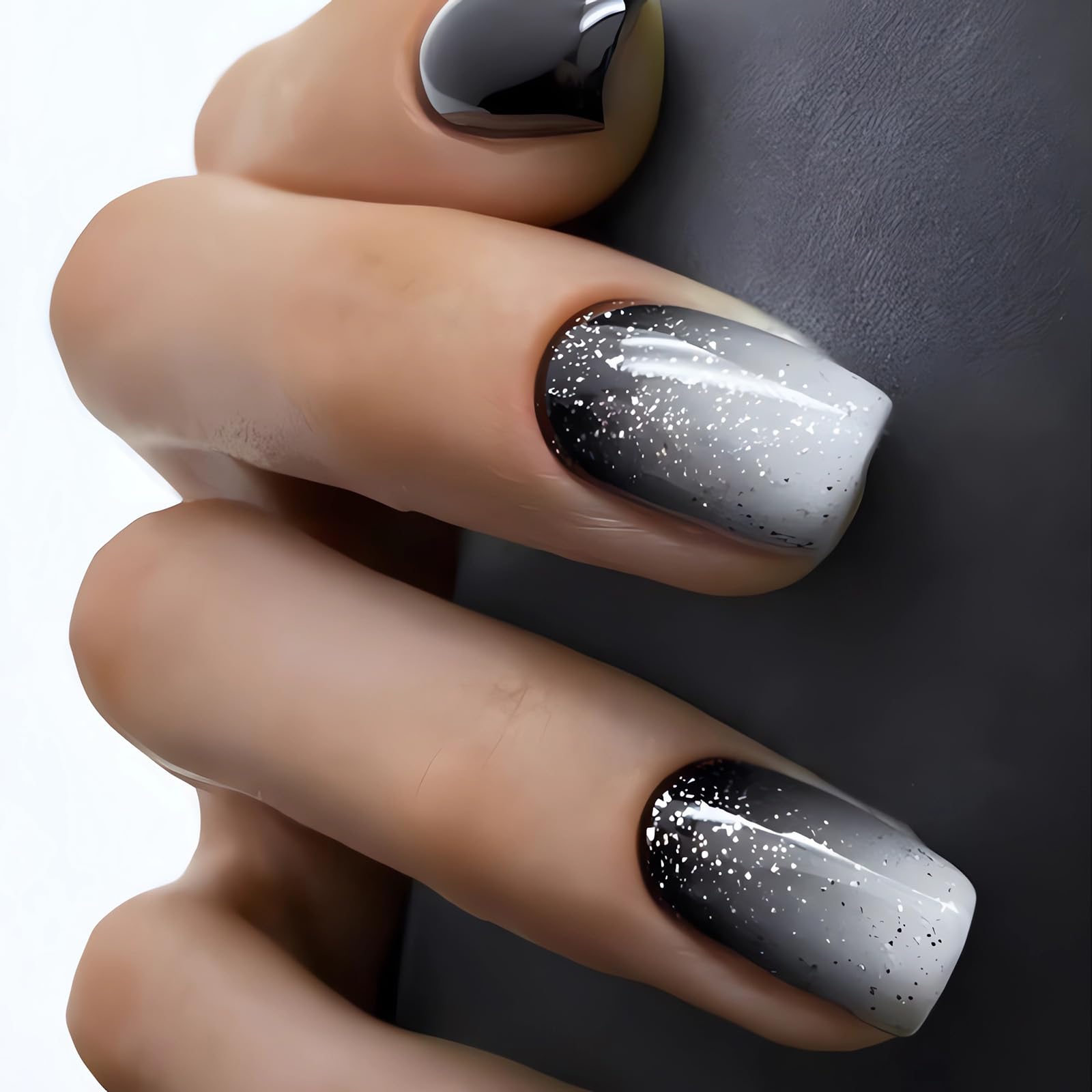SINSEN Square Press on Nails - Medium Length Fake Nails with Gradient White Black Glossy Glitter Design, Reusable Artificial Static Nails for Women & Girls (24Pcs) - Perfect for Parties, Weddings, Date Nights and Special Occasions