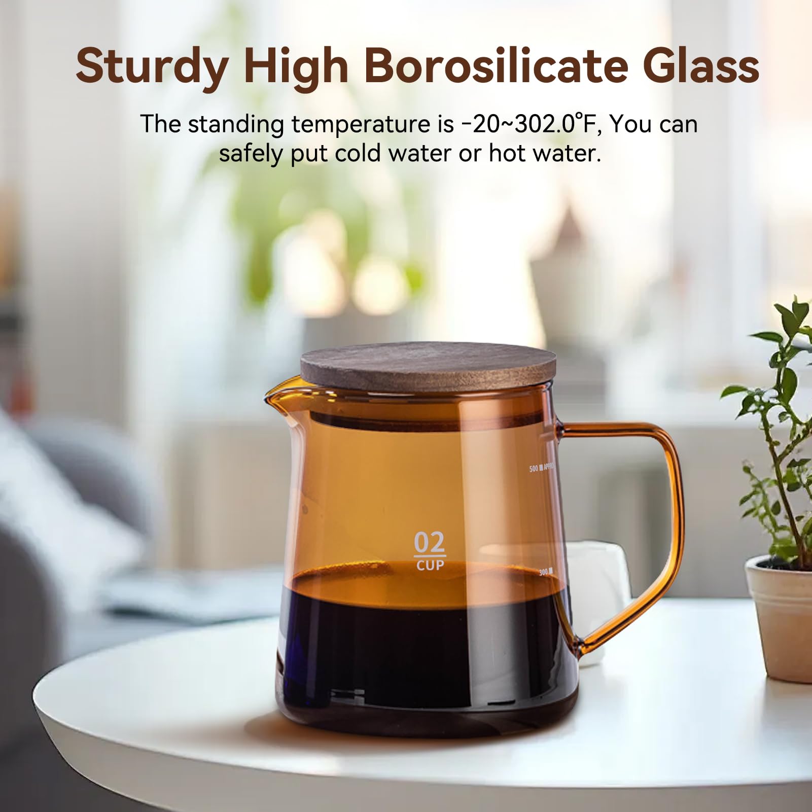 16.9oz Borosilicate Glass Coffee Carafe with Wooden Lid - Drip Coffee Maker Decanter, Manual Pour Over Coffee Server & Tea Steeper - Perfect for Home Brewing, Office Use, and Gift Giving (Brown)