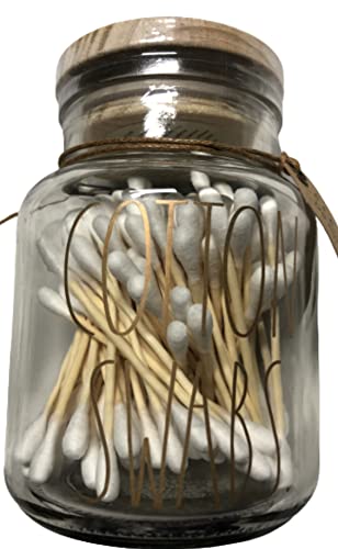 Rae Dunn Cotton Swabs Glass Apothecary Jar with 120 Cotton Swabs - Limited Edition Gold Lettering Bathroom Vanity Organizer for Makeup, Skincare & Home Decor