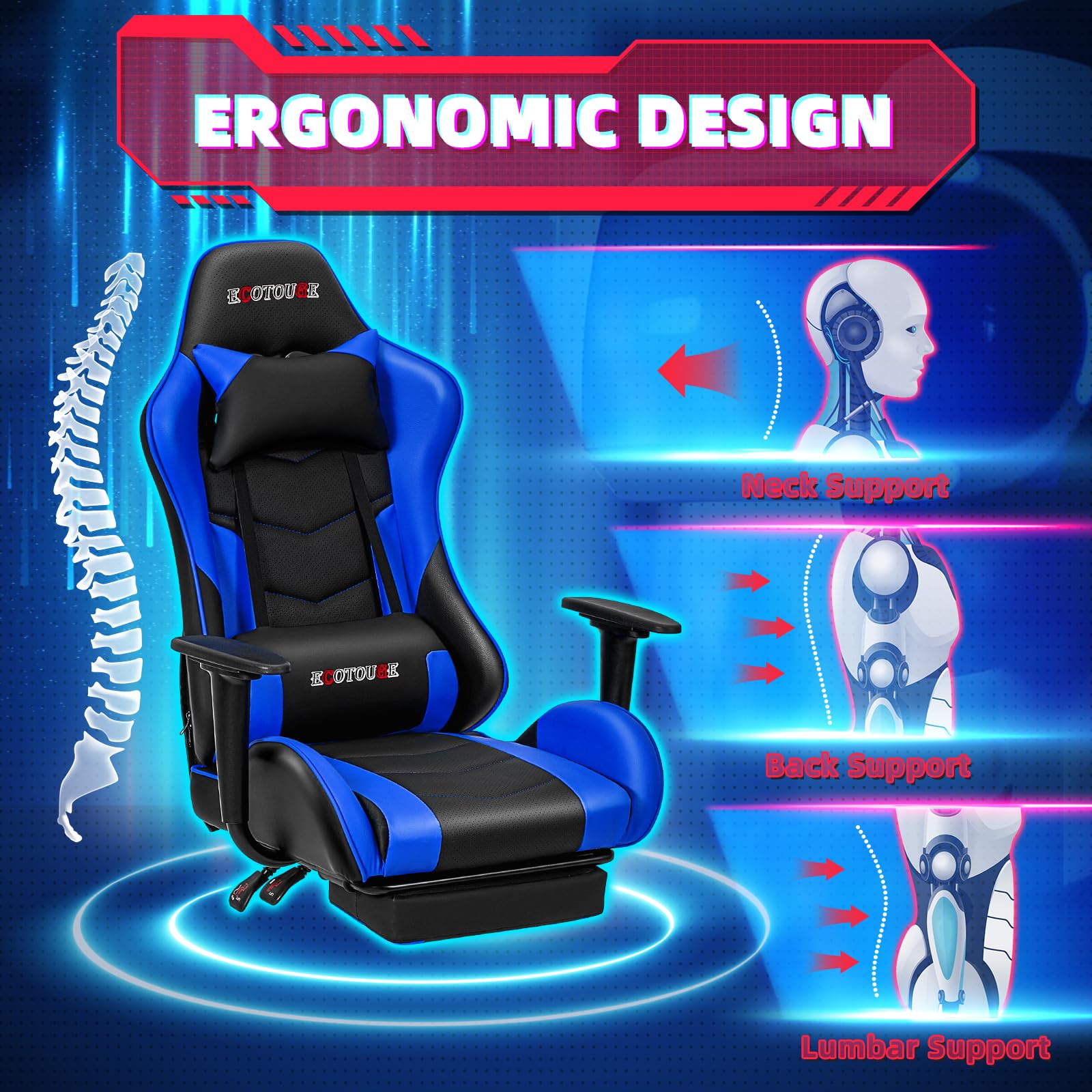 ECOTOUGE Ergonomic PC Massage Gaming Chair with Adjustable Footrest - Racing Style PU Leather Office Desk Chair with Headrest & Lumbar Support - Recliner Swivel Rocker for Home/Office/Gaming (Blue)