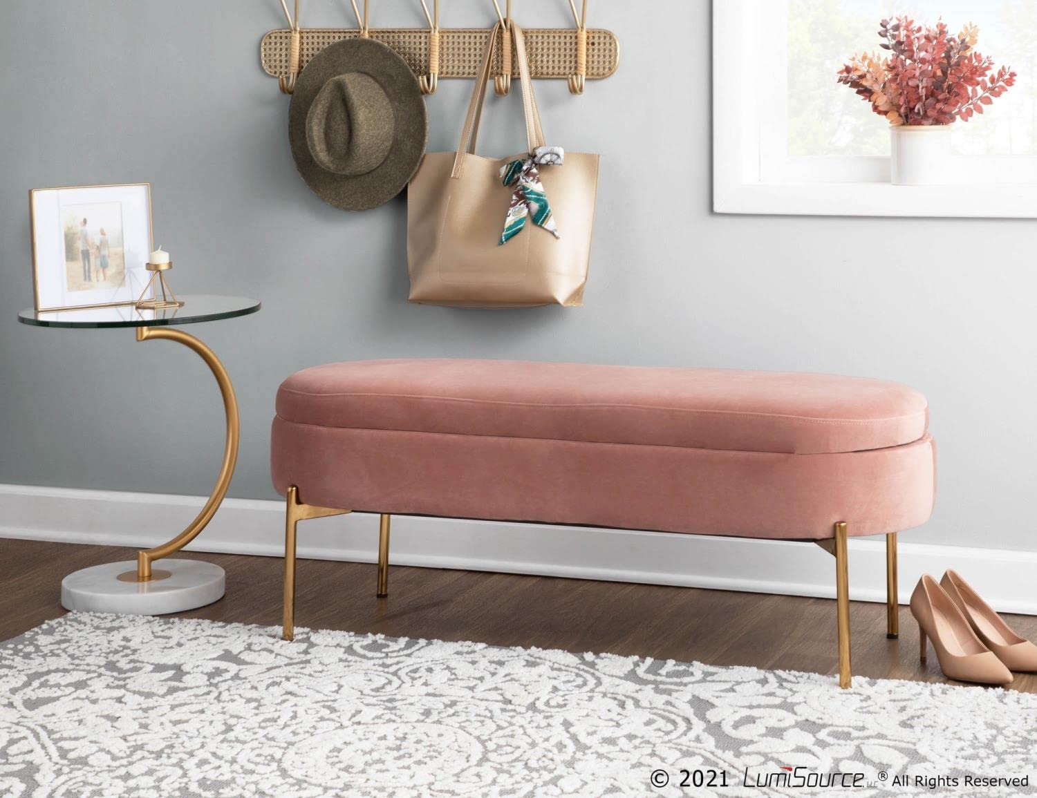 LumiSource Chloe Velvet Upholstered Storage Bench - Blush Pink Entryway & Bedroom Bench with Hidden Storage | Perfect for Small Space Organization, Shoe Storage & Seating Solution