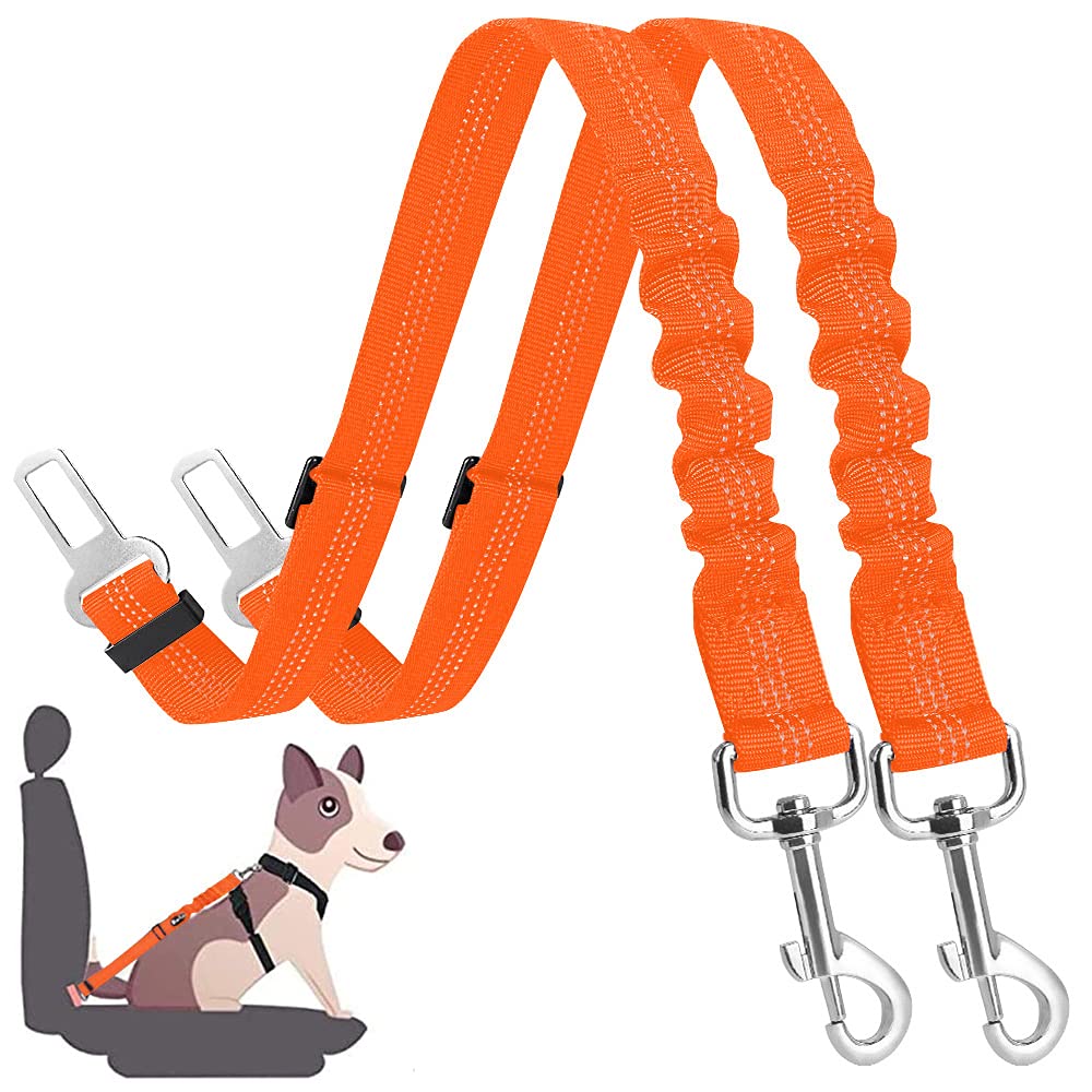 SlowTon 2 Pack Adjustable Dog Seat Belt - Heavy Duty Nylon Reflective Pet Safety Harness for Car Travel | Elastic Bungee Buffer Leash Connects to Dog Harness | Perfect for Road Trips, Daily Commutes & Safe Vehicle Rides with Your Pet (Orange)