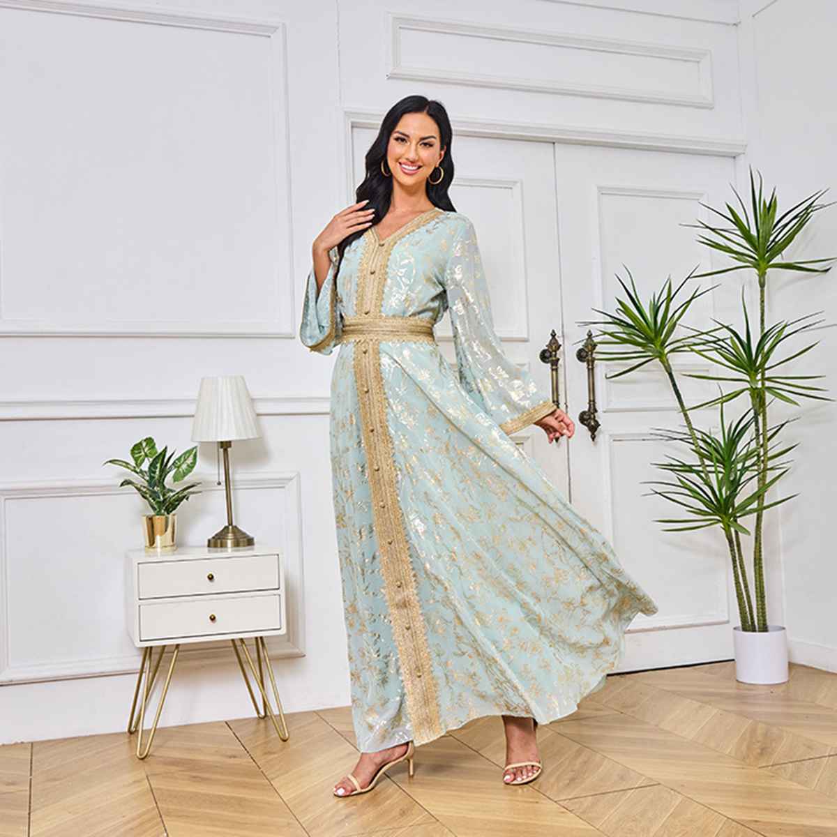 Elegant Eid Dress for Women - Arab Middle Eastern Style Bronzing Kaftan Caftan Dress - Perfect for Eid Celebrations, Weddings & Special Occasions