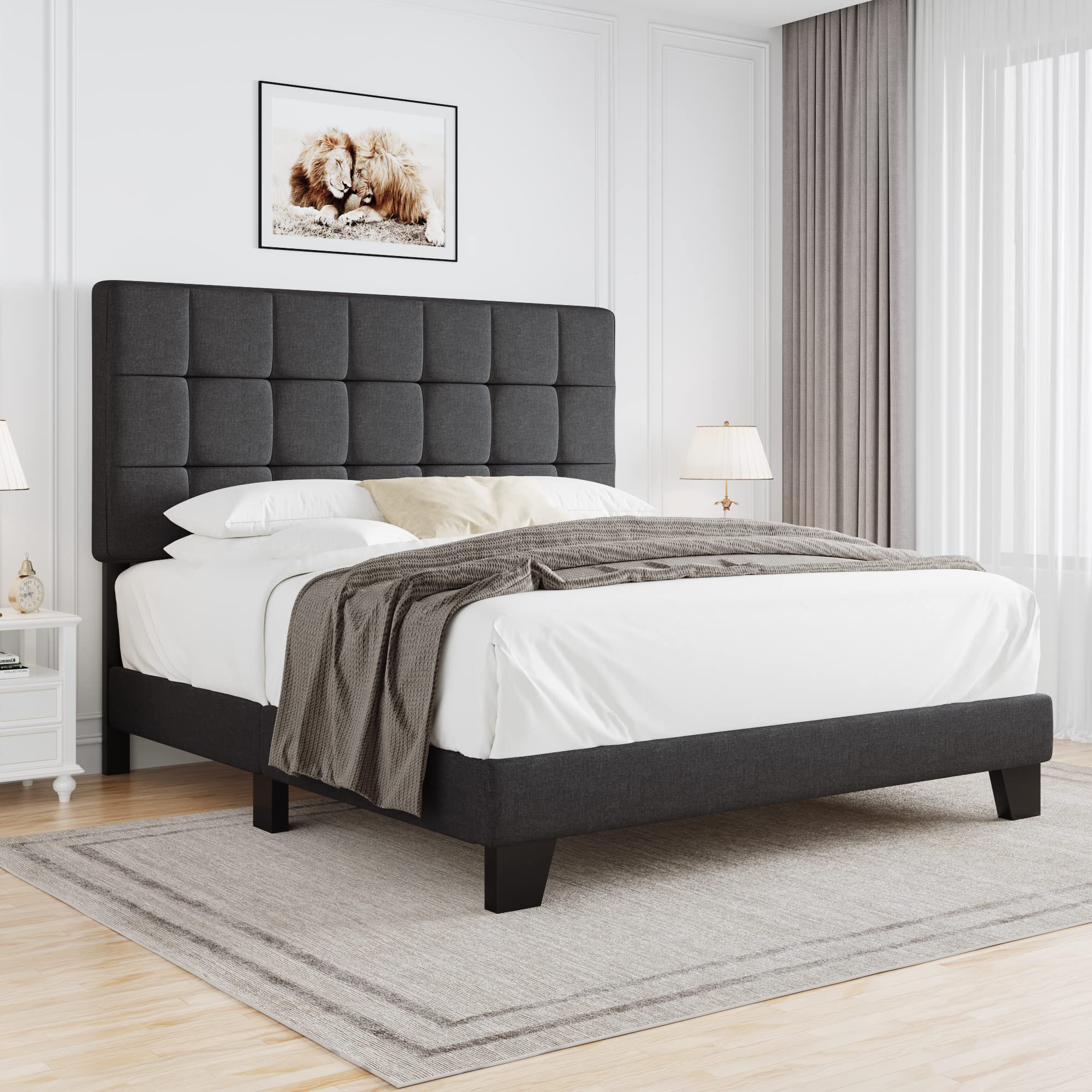 HOOMIC Full Size Upholstered Panel Bed Frame with Adjustable Headboard - No Box Spring Needed, Easy Assembly, Grey Fabric Upholstery - Perfect for Master Bedroom, Guest Room & Small Space Living