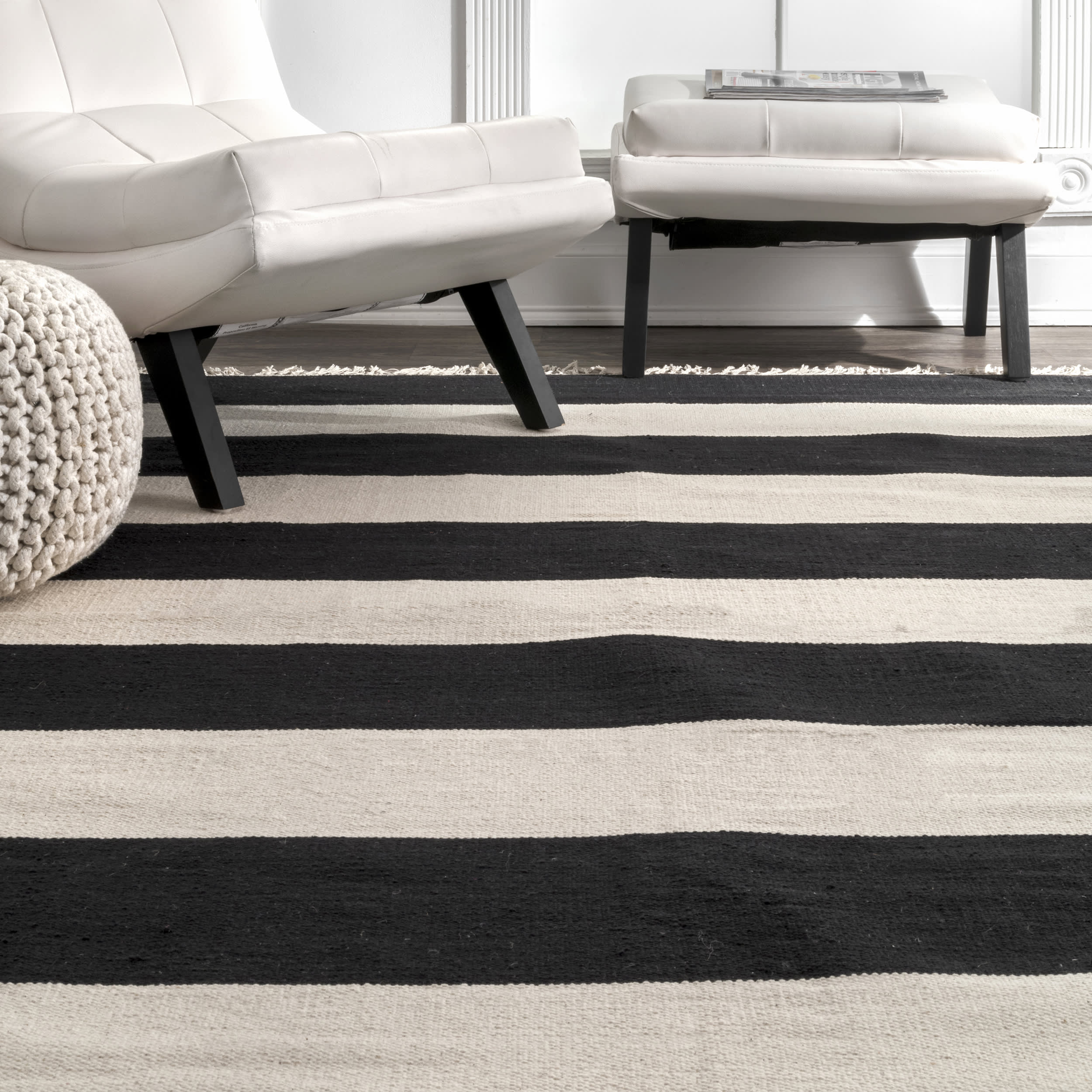 Striped Flatweave Tassel Rug with Awning Design - Black | Boho Chic Home Decor for Living Room, Bedroom & Outdoor Patio