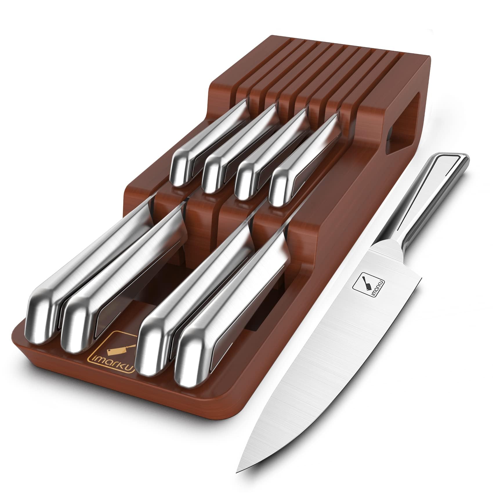 Imarku 10-Piece Japanese Stainless Steel Knife Set with Wooden Block & Drawer Organizer - Ultra Sharp Chef Knives for Professional & Home Kitchens - Dishwasher Safe Cutlery Set - Perfect Gift for Cooks & Food Enthusiasts (Ideal for Meal Prep, Sushi Making & Everyday Cooking)