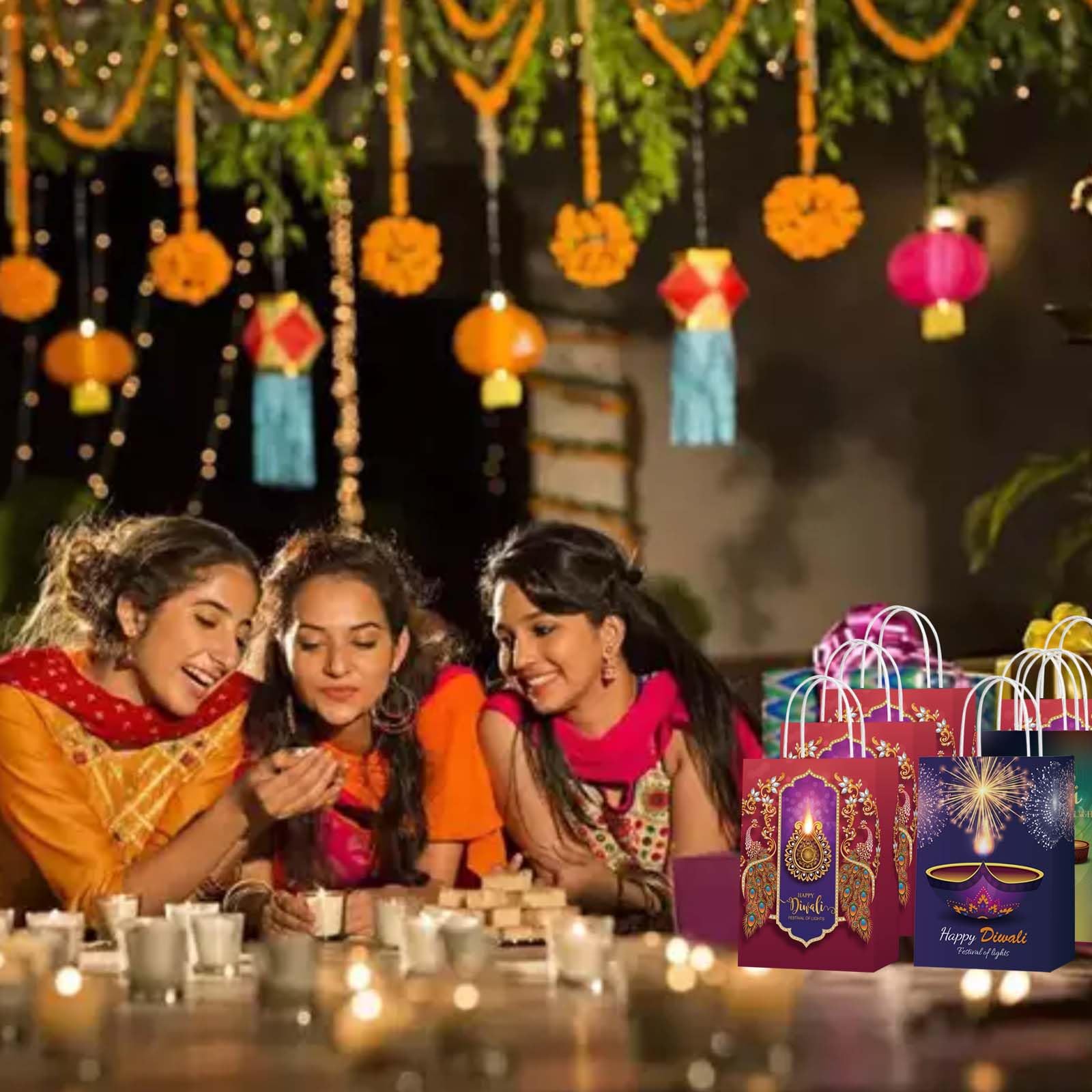 16 Pack Diwali Party Favor Bags - Festival of Lights Themed Goodie Gift Bags for Candy & Treats | Indian Celebration Supplies & Decorations for Diwali Parties, Weddings & Family Gatherings