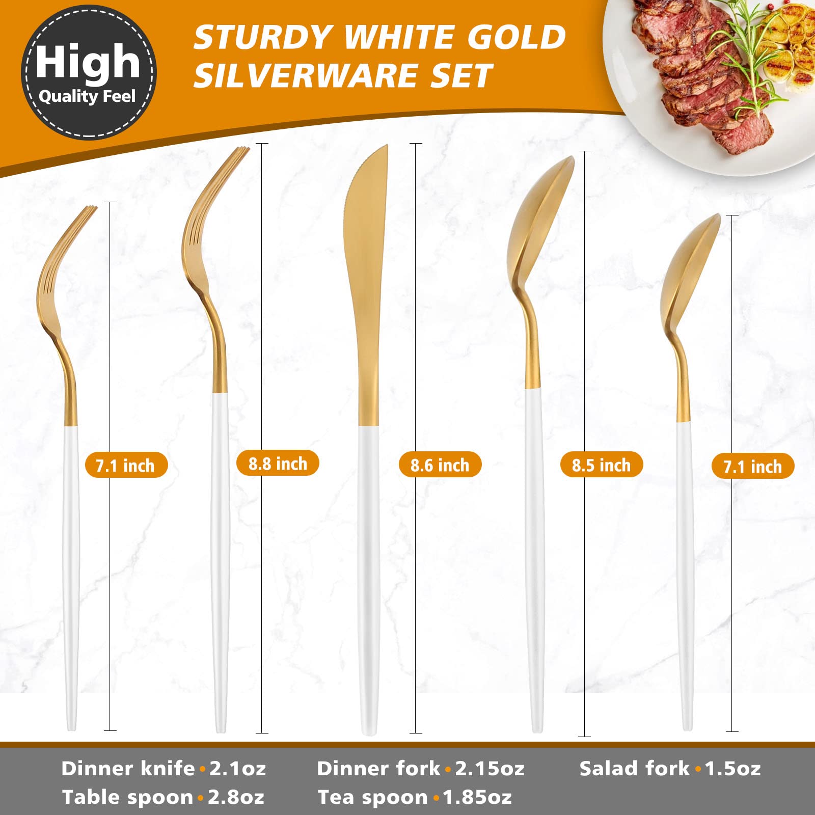 Oliviola 20-Piece Matte White Gold Silverware Set - Stainless Steel Flatware Cutlery Set Service for 4 - Satin Finish Kitchen Utensils - Dishwasher Safe - Perfect for Dinner Parties, Weddings & Everyday Dining