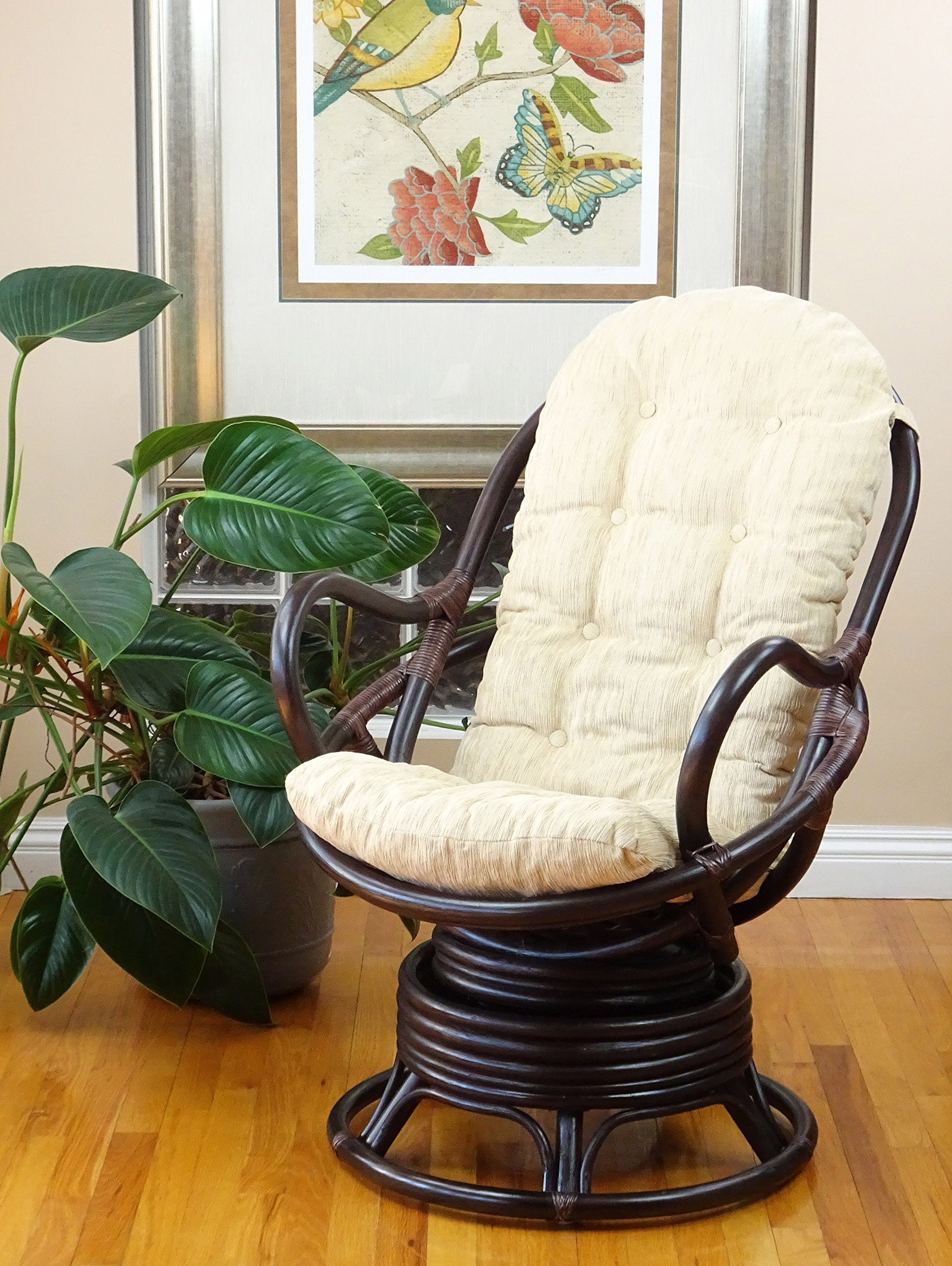 Natural Rattan Wicker Swivel Rocking Chair with Cream Cushion - Dark Brown Lounge Java Chair for Living Room, Patio, or Sunroom Relaxation