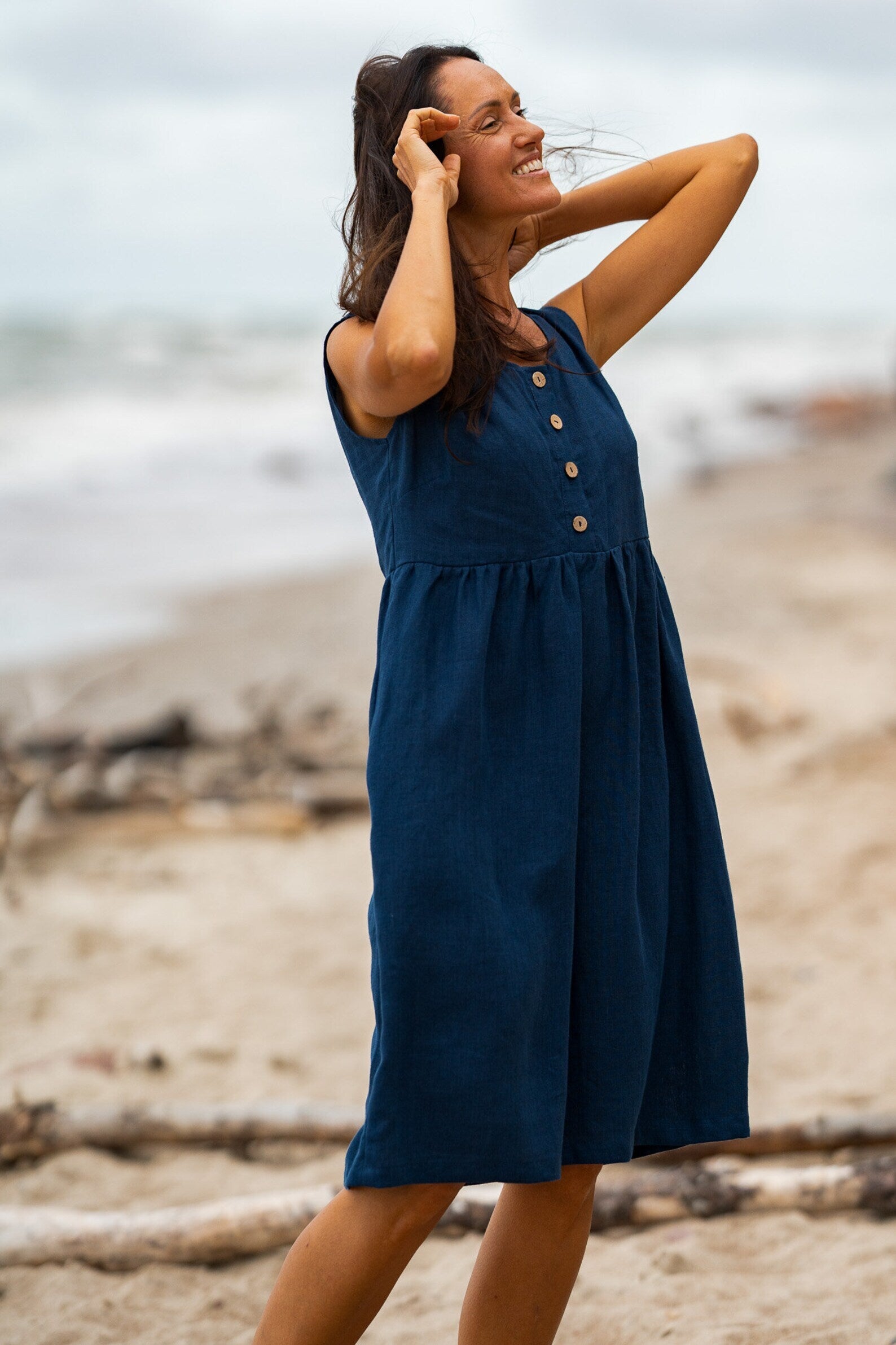 BARBARA Sleeveless Linen Maternity Dress in Midnight Blue - Comfortable Summer Pregnancy Outfit for Beach, Vacation & Casual Wear