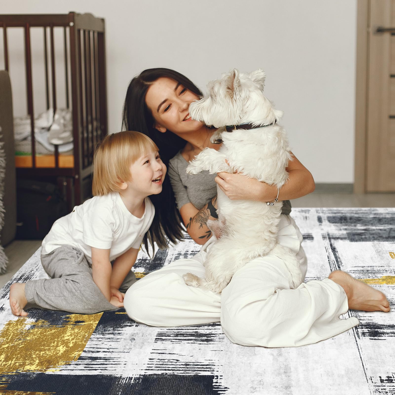 6'x9' Machine Washable Abstract Area Rug - Non-Slip Modern Woven Boho Carpet for Living Room, Bedroom, Kitchen & Office - Soft Home Decor in Black | Perfect for High-Traffic Areas & Pet-Friendly Spaces