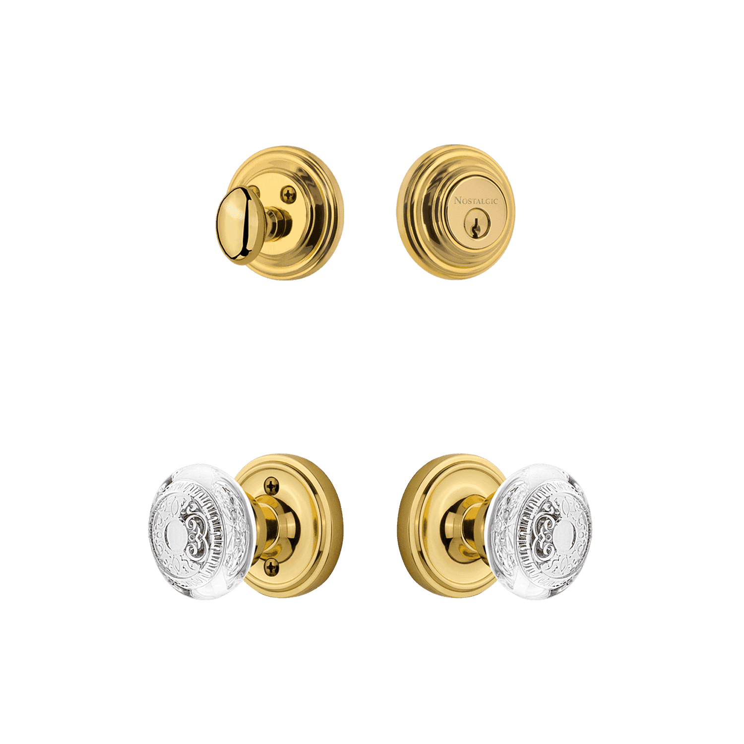 Classic Rosette Entry Set with Crystal Egg & Dart Knob in Unlacquered Brass - Vintage Style Door Hardware for Home & Office Decor