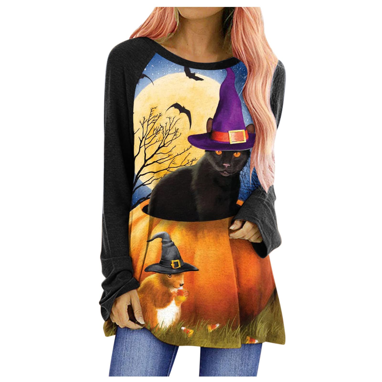 Halloween Graphic T-Shirt for Women - Pumpkin Siamese Cats Witch Design Oversized Blouse Long Sleeve Loose Casual Tunic Top | Perfect for Halloween Parties, Costume Events & Spooky Season Outfits
