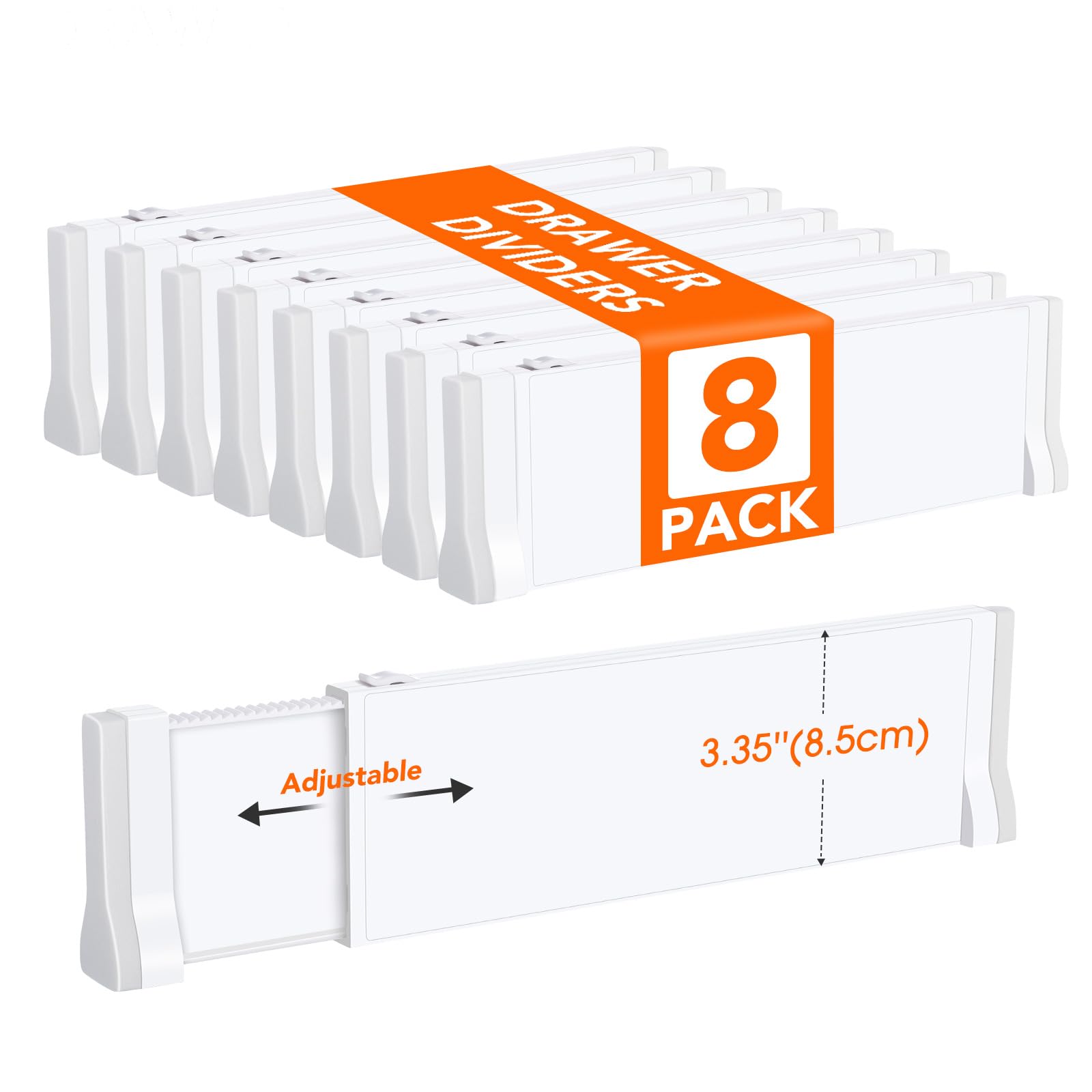 8 Pack Adjustable Drawer Dividers for Clothes - 11.6'' to 19.6'' Expandable Dresser Organizers (3.35'' High) - Perfect for Closet, Kitchen, Office & Bathroom Storage Organization