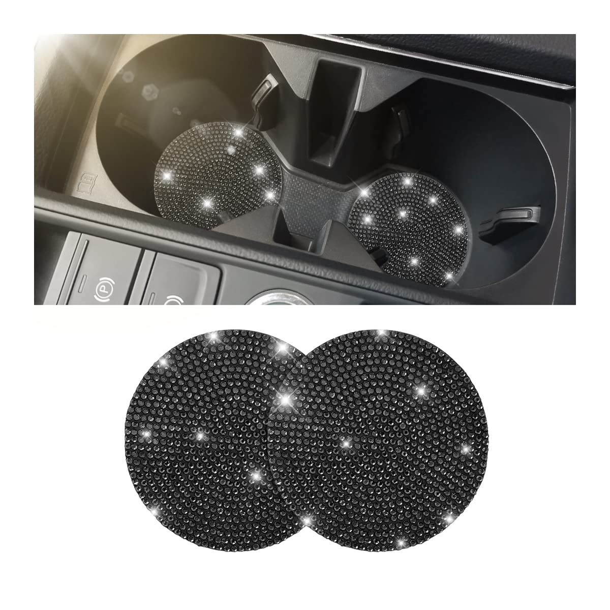 2PCS Handcrafted Rhinestone Crystal Car Cup Holder Coaster - Anti-Slip Universal Cup Holder Mat for Cars, SUVs, Trucks | Elegant Interior Accessories for Women & Men (Black) | Perfect for Office, Home & Travel Use