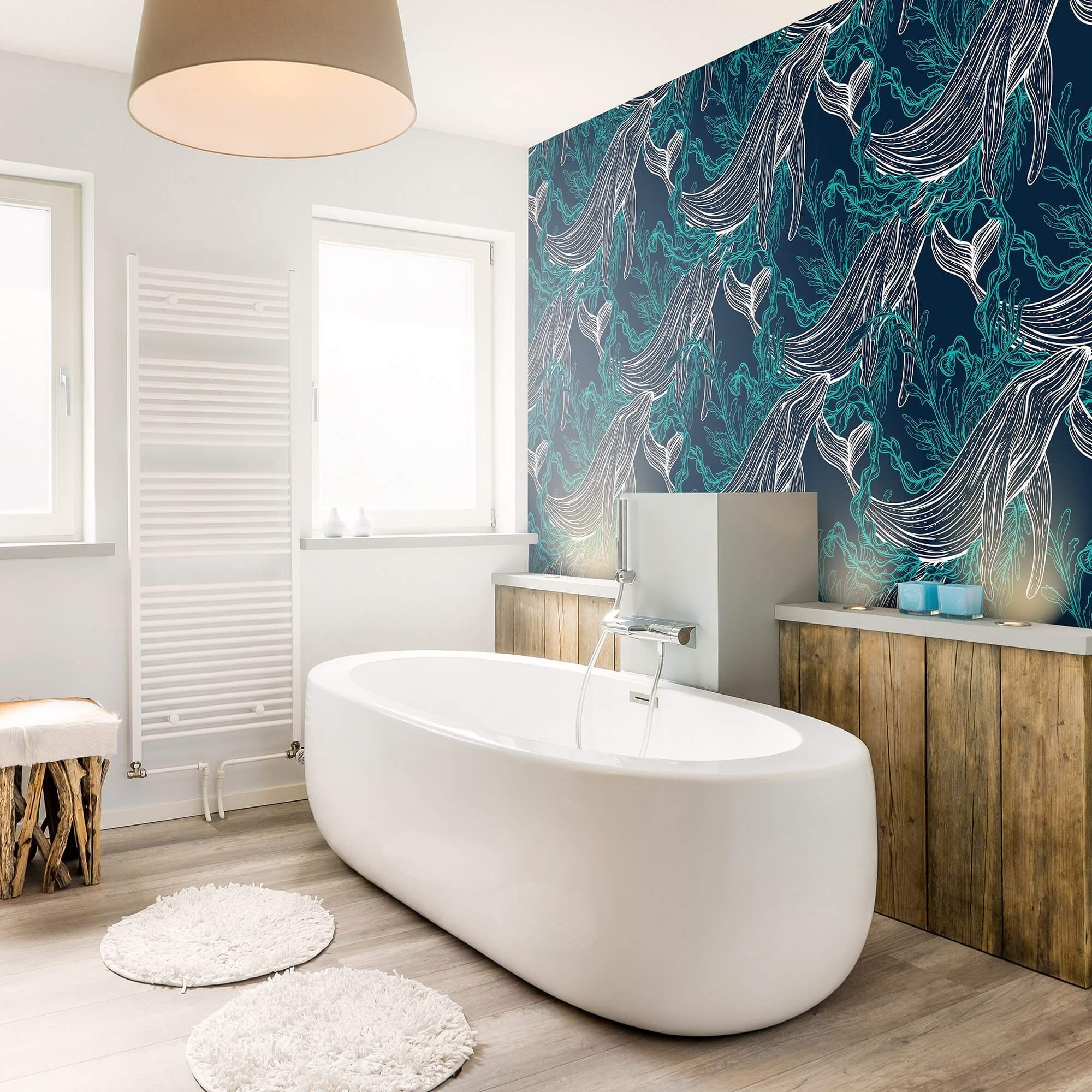 Blue and White Fish Nautical Peel and Stick Removable Wallpaper - Self-Adhesive Decorative Wall Covering for Bathroom, Nursery, Kitchen & Bedroom - Waterproof DIY Home Decor (Style 9958)