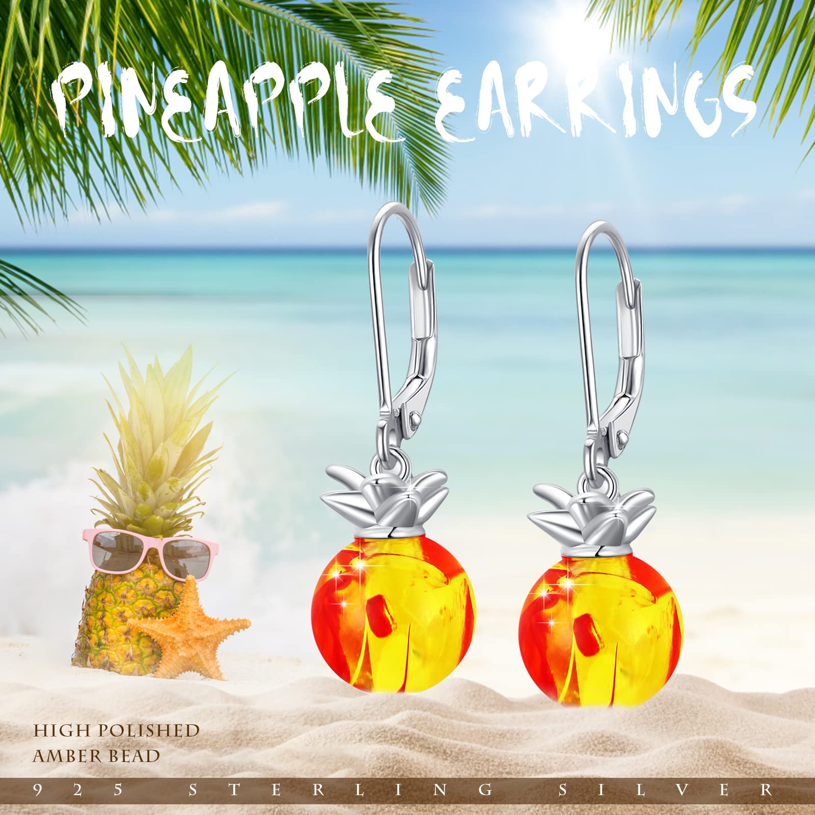 925 Sterling Silver Pineapple Dangle Earrings for Women | Hypoallergenic Summer Beach Jewelry | Amber Fruit Fashion Earrings | Perfect Gift for Vacation, Pool Party & Tropical Outfits