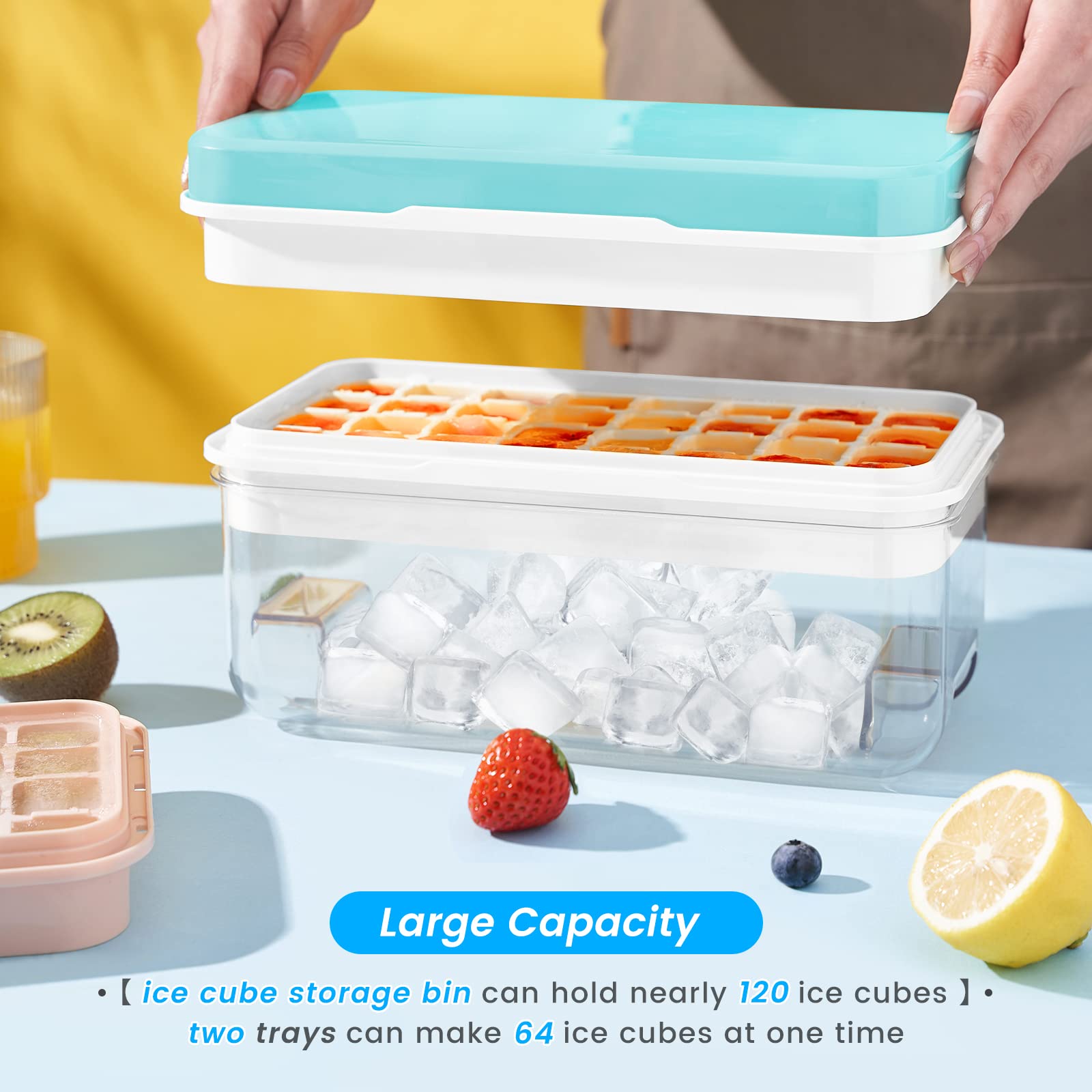 PHINOX 64-Piece Ice Cube Tray Set with Lid & Storage Bin - 2 BPA-Free Freezer Ice Trays, Container & Scoop for Cocktails, Smoothies & Party Drinks