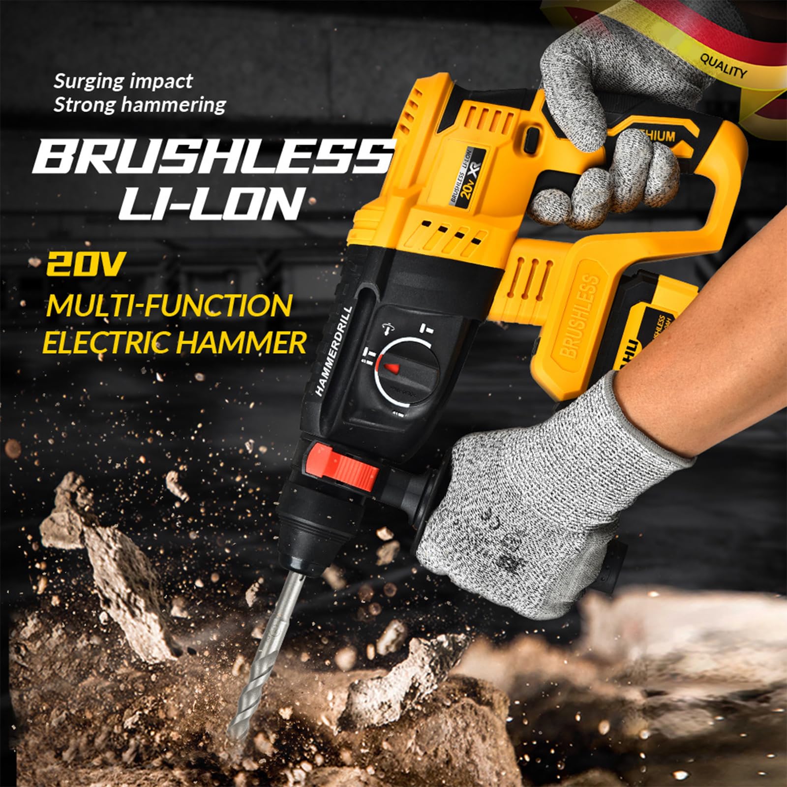 DEWALT 20V MAX Cordless Rotary Hammer Drill - Brushless SDS Hammer Drill with Safety Clutch for Concrete & Masonry - 4 Modes, 360° Auxiliary Handle & 4 Drill Bits (Battery Not Included) - Perfect for Construction, Demolition, and DIY Home Projects