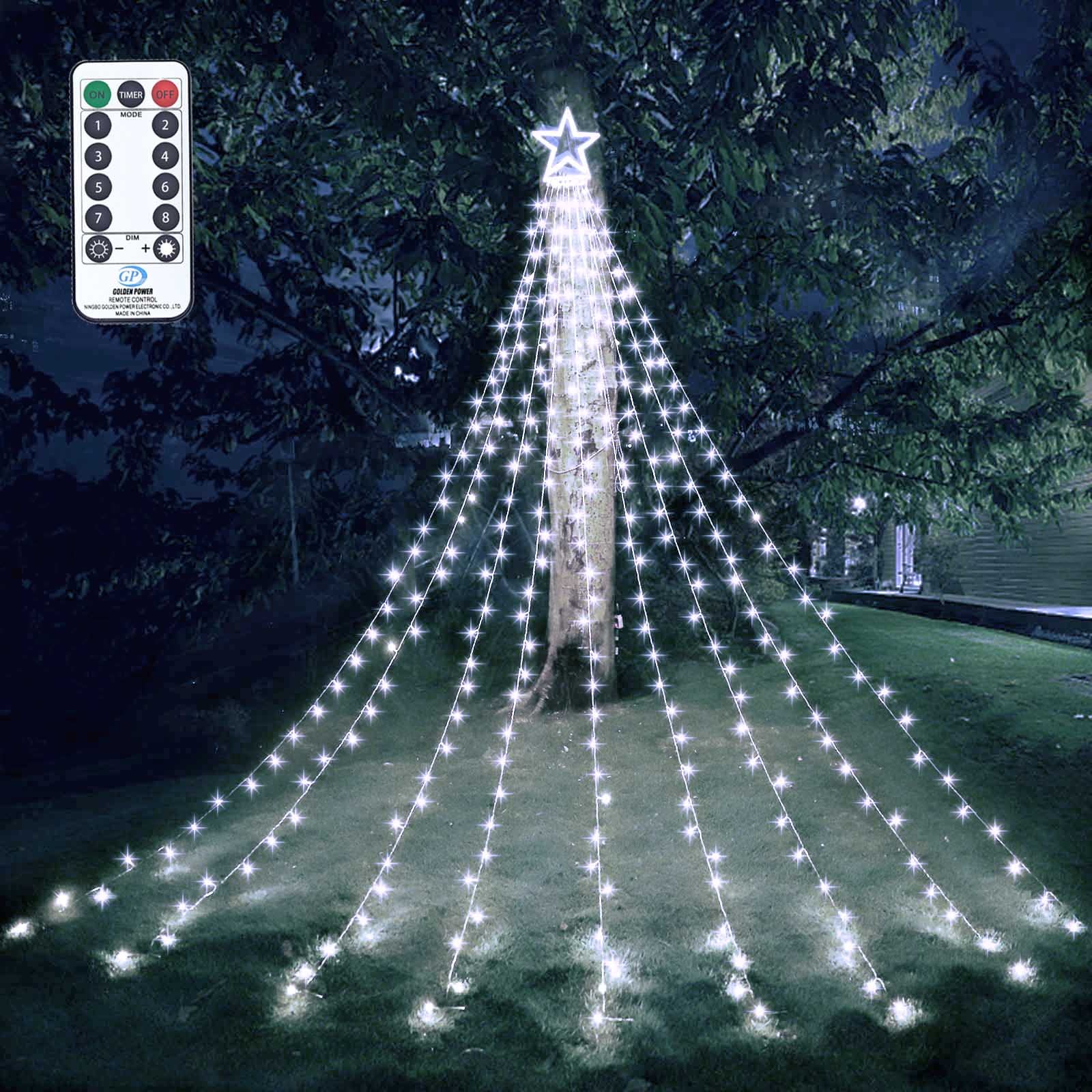 317 LED Outdoor Christmas Star String Lights - 8 Modes Waterfall Tree Lights with Topper for Indoor/Outdoor Holiday Decor | Perfect for Yard, Party, Home & Christmas Tree Decoration (White)