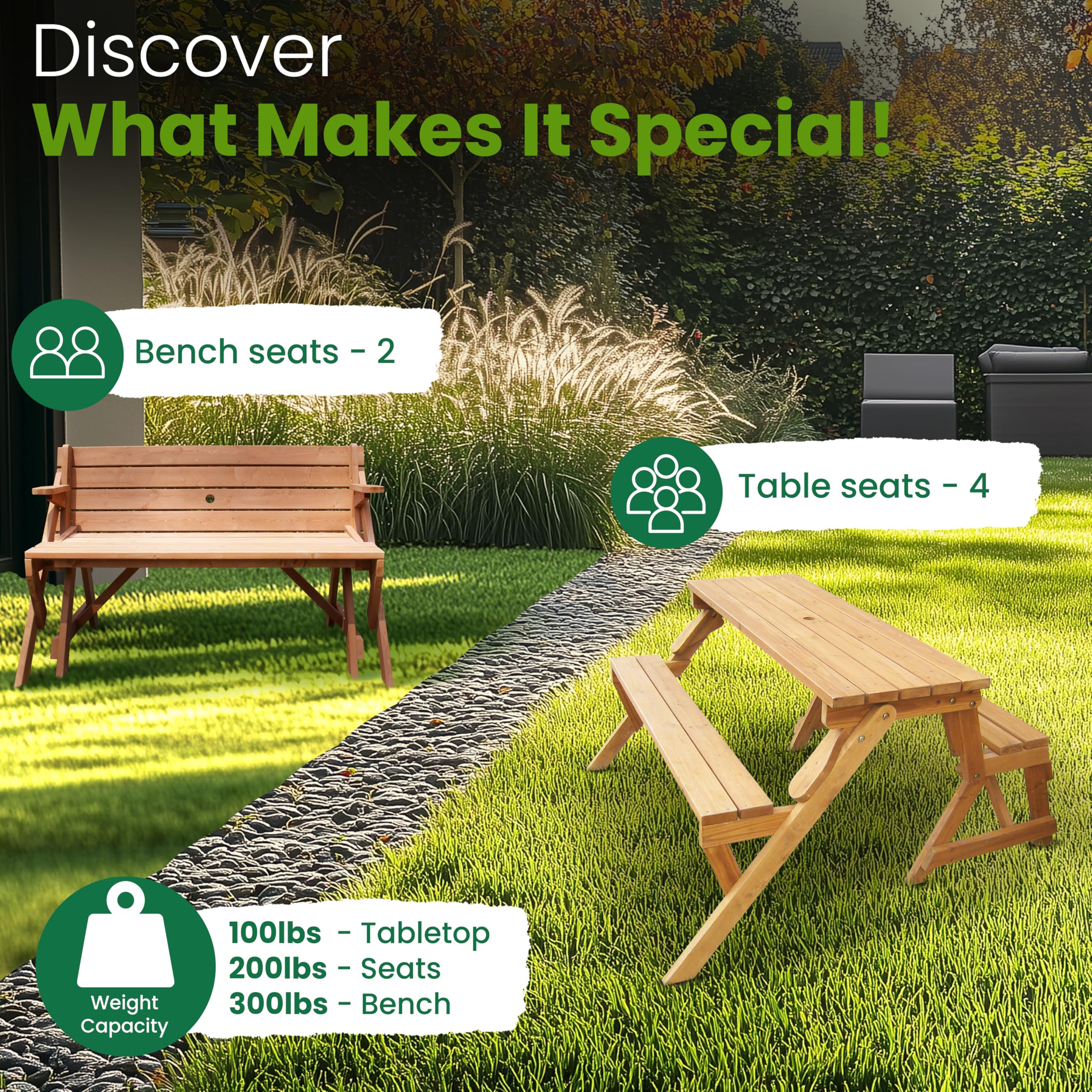 **Merry Garden Interchangeable Wooden Picnic Bench - Outdoor Patio Dining Table Set in Natural & White - Perfect for Backyard, Garden, and Patio Relaxation**